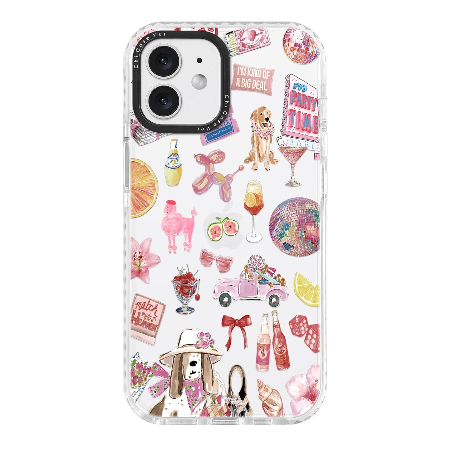 ChiCaseVer for iPhone 12 Case, Party Time Collage Pattern with Girly Pink Dogs & Cocktails, Military-Grade Drop Protection, Girl
