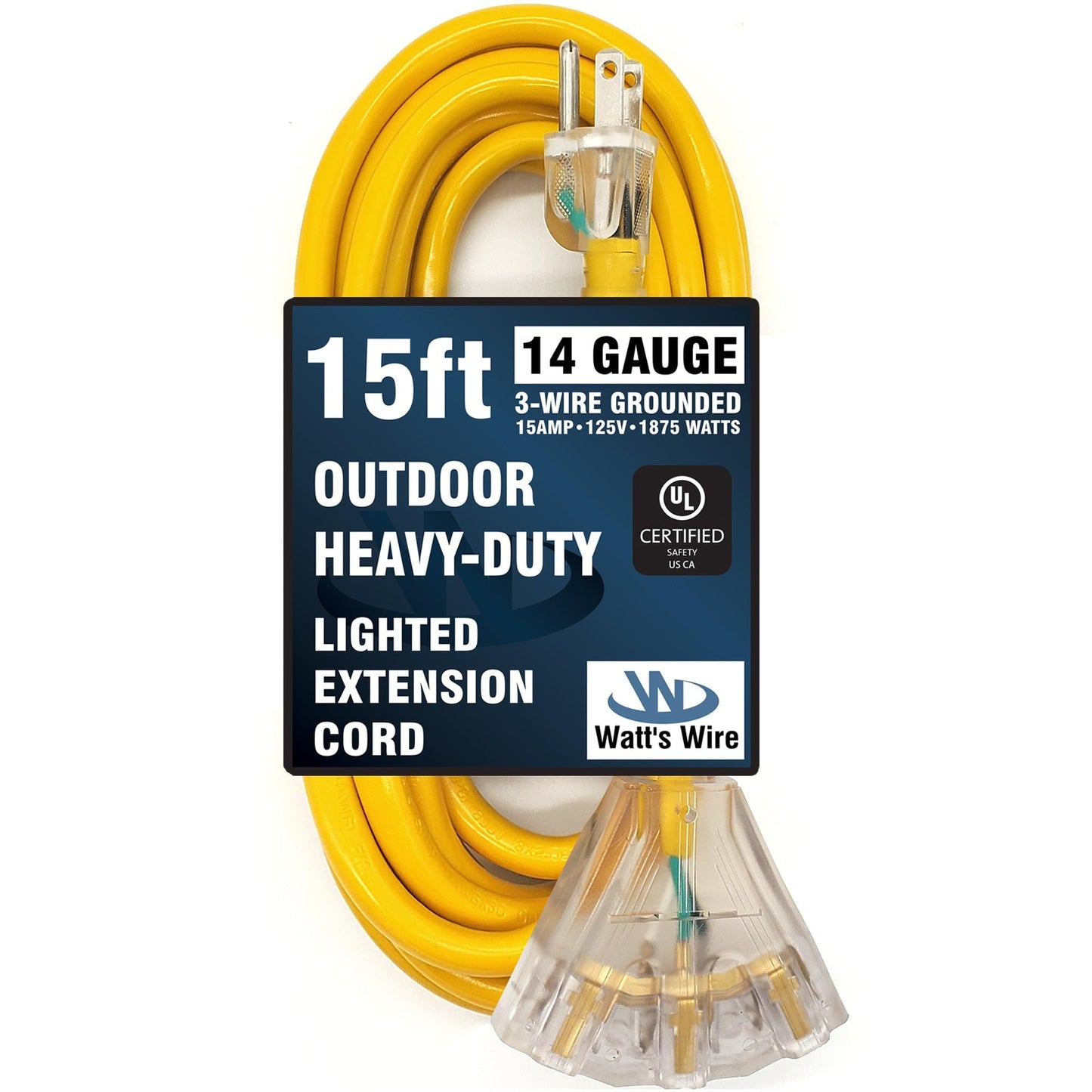 Watt's Wire 15 ft 14-Gauge Heavy Duty Extension Cord - 3 Outlet Lighted, Yellow, Indoor/Outdoor, Model WW-14T015Y
