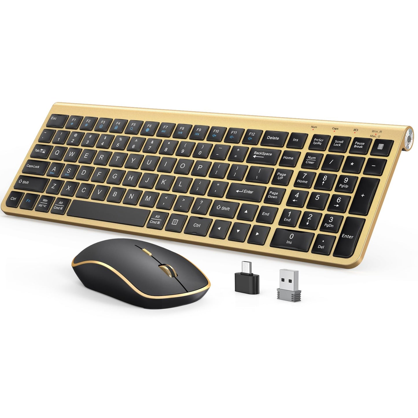 JOYACCESS Black Gold Wireless Keyboard Mouse Combo,Ergonomic Cordless Keyboard with Adjustable Tilt,Comfortable and Quiet Mouse