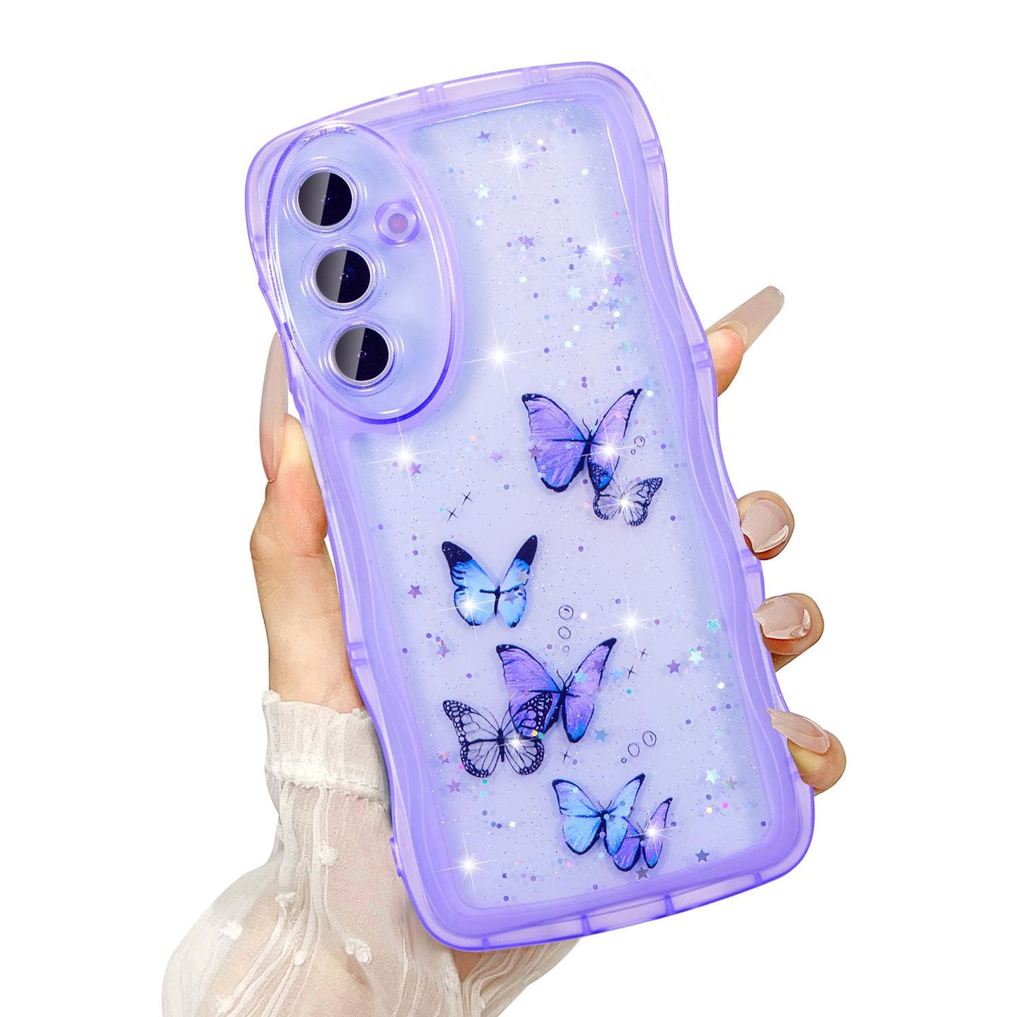 UEEBAI Wave Butterfly Case for Samsung Galaxy A14 4G/5G Case, Pretty Bling Star Butterfly for Women Cute Shiny Glitter Phone Cov