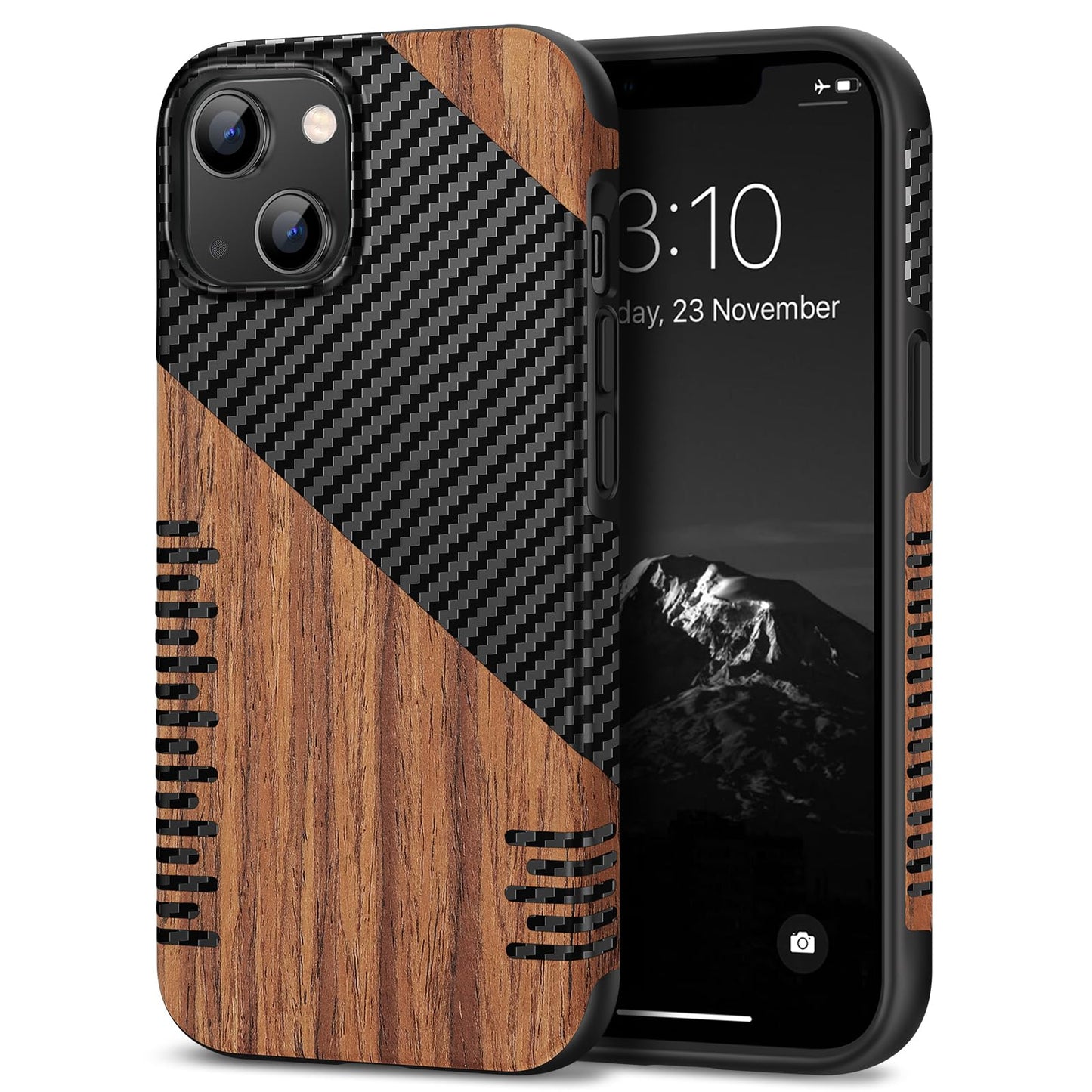 TENDLIN Compatible with iPhone 14 Case Wood Grain with Carbon Fiber Texture Design Leather Hybrid Slim Case (Twill)