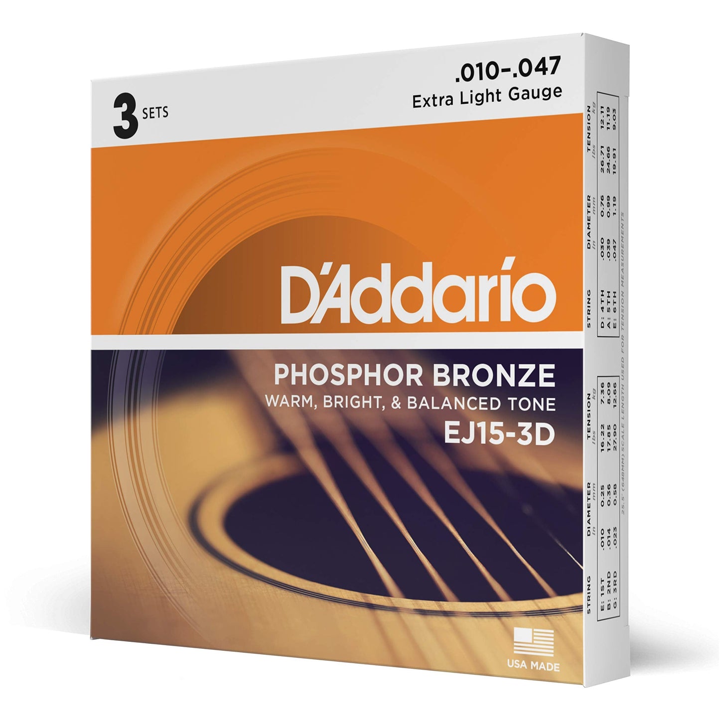 DAddario Acoustic Guitar Strings, Phosphor Bronze, EJ15-3D, Extra Light Gauge 10-47, 6-String Set, Pack of 3