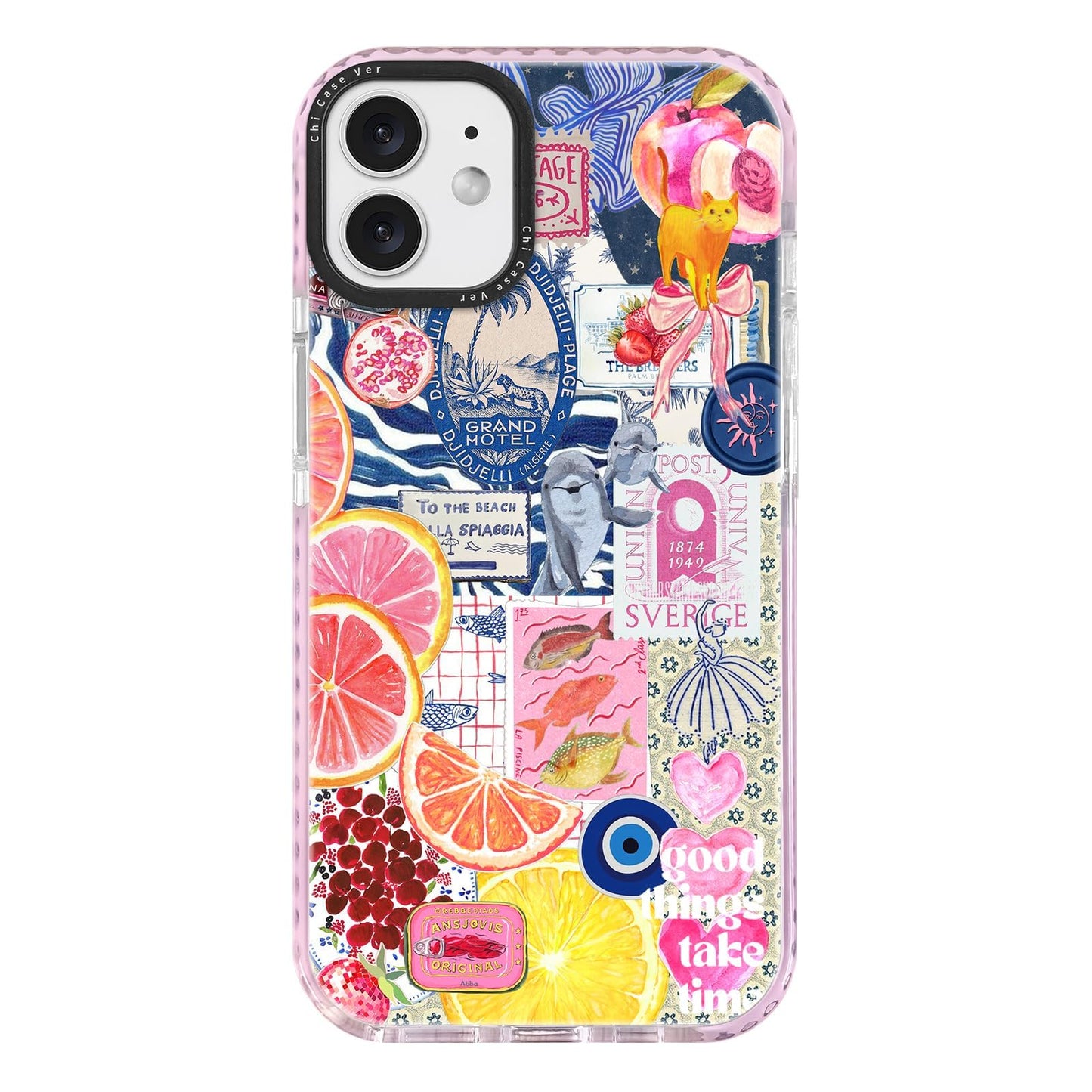 ChiCaseVer for iPhone 12 mini Case,Expressive Y2K Citrus Coastal Sea Vintage Collage Design Blue Trendy Pattern Aesthetic Style,