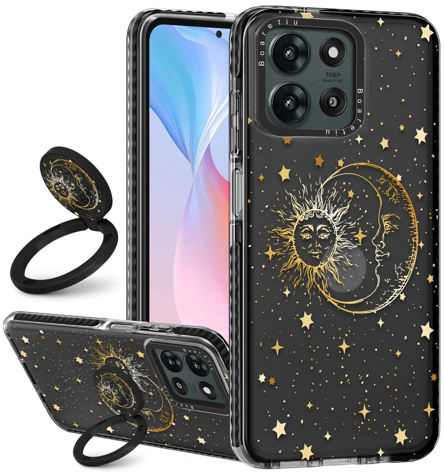 Boaretiu for Motorola Moto G 2025 Case - with Stand Cute Kawaii Fashion 360 Rotate Ring Holder Kickstand Sun Moon for Women Girl