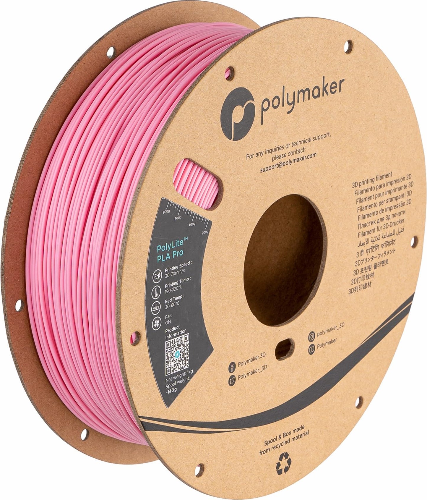 Polymaker PLA PRO Filament 1.75mm 1kg, Tough & High Rigidity Pink 3D Printing Filament, PolyLite PLA PRO 3D Printer Filament 1.7