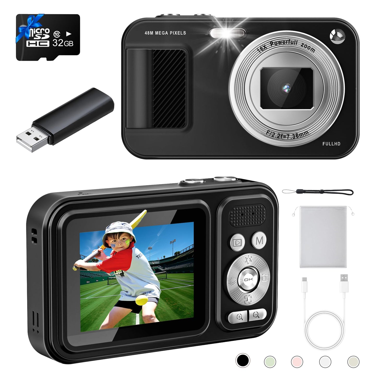 JVSCAM Digital Camera, Autofocus 48MP Kids Camera, FHD 1080P Point and Shoot Digital Cameras with 32GB Card, 16X Zoom Anti-Shake