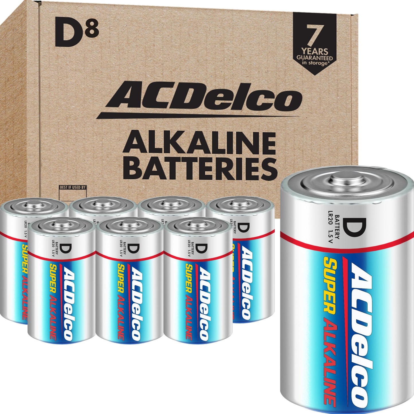 ACDelco 8-Count D Batteries, Maximum Power Super Alkaline Battery for Home and Office, 7-Year Shelf Life, Reclosable Packaging