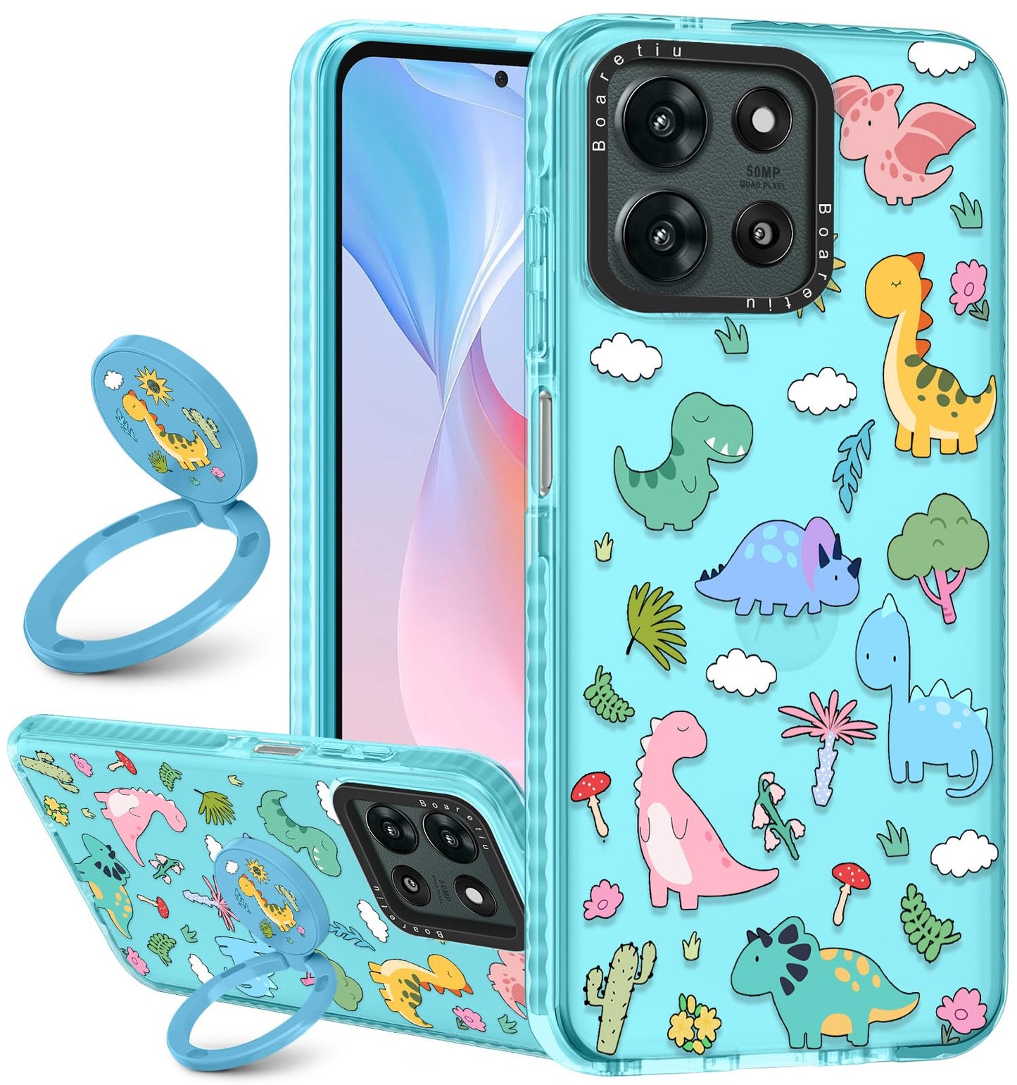 Boaretiu for Motorola Moto G 2025 Case - with Stand Cute Kawaii Fashion 360 Rotate Ring Holder Kickstand Dinosaur for Women Girl