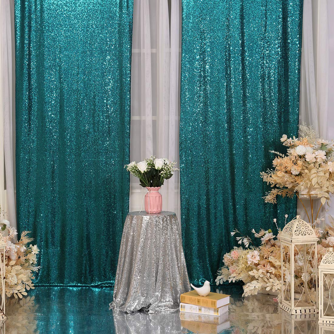 Poise3EHome 2Pcs 3Ft x 8Ft Teal Sequin Backdrop Curtain, Glitter Photography Background, Sequence Xmas Thanksgiving Backdrop for