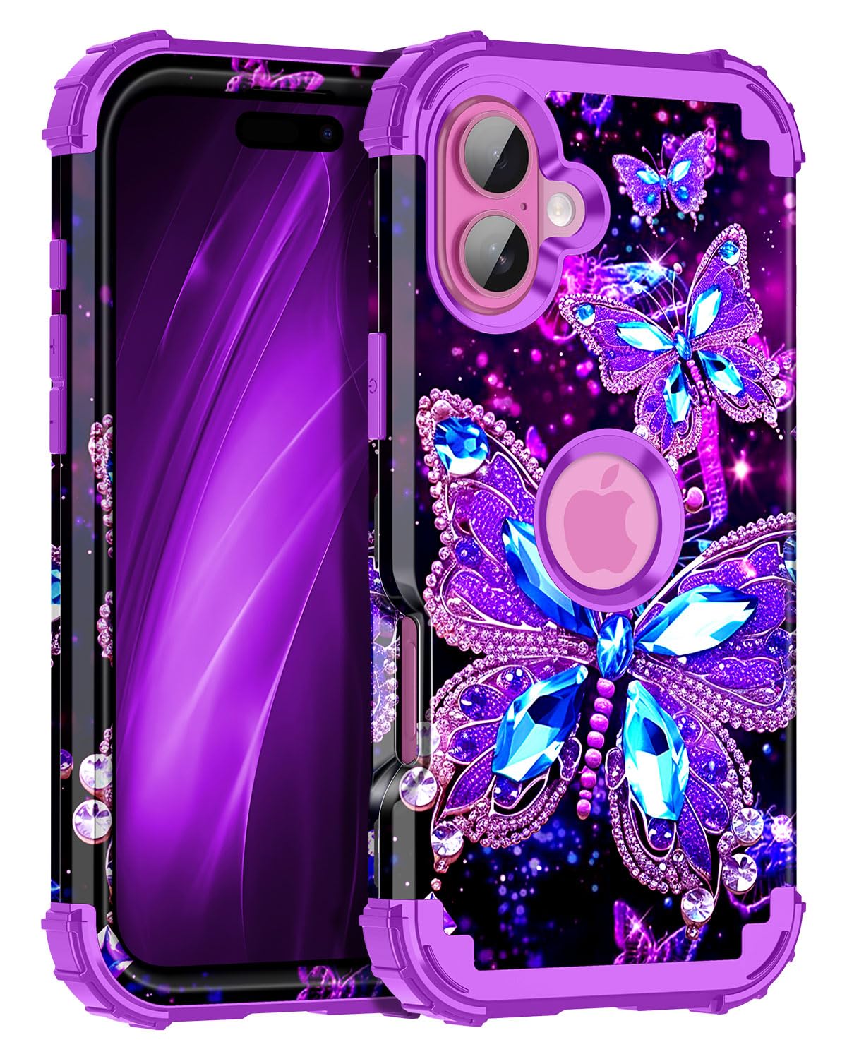 Miqala for iPhone 16 Plus Case,Glow in The Dark Three Layer Heavy Duty Shockproof Protection Hard Plastic Bumper+Soft Silicone C