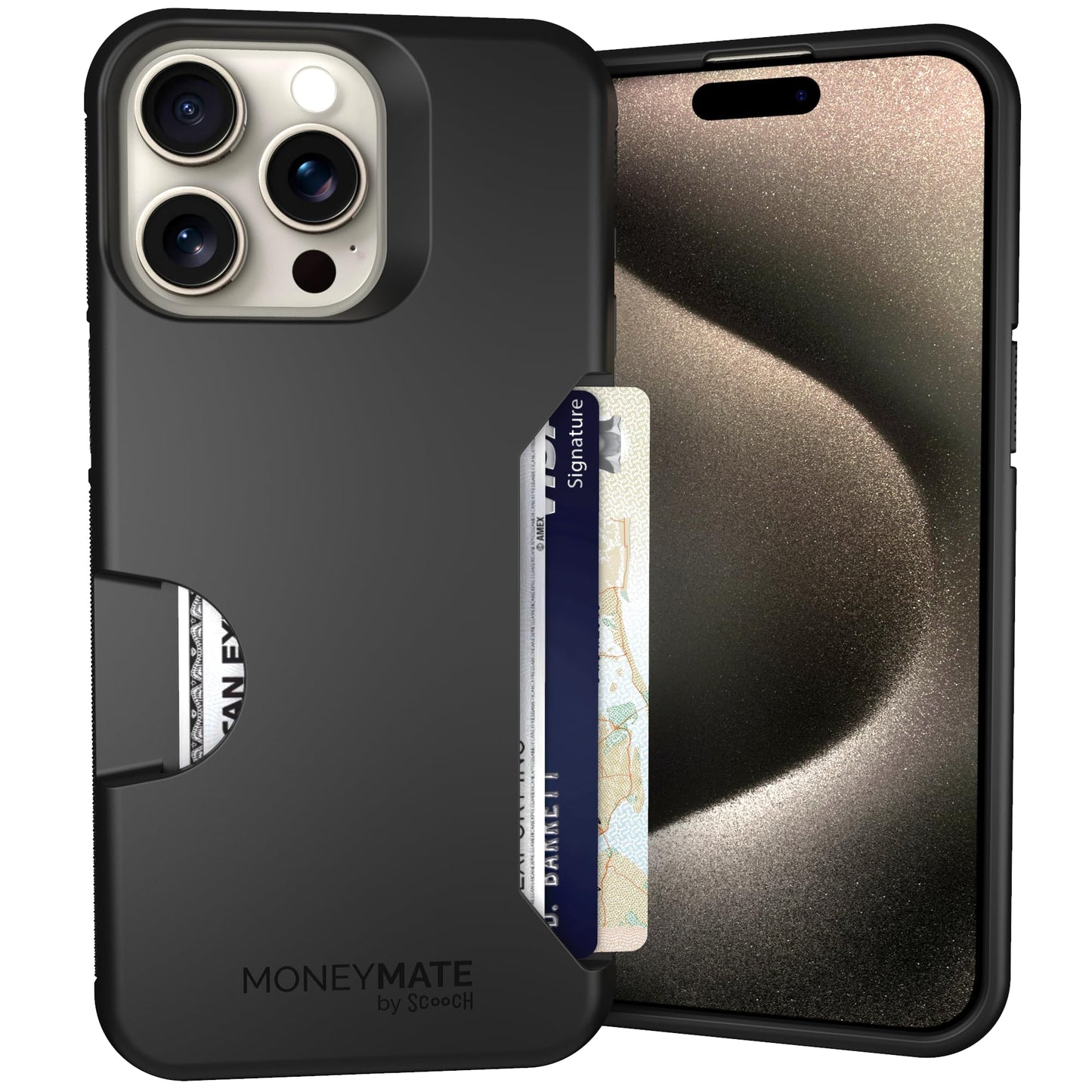 Scooch for iPhone 15 Pro Max Case with Card Holder, Moneymate Wallet Case with Hidden Card Slot and Protection for 4 Cards, 10-F