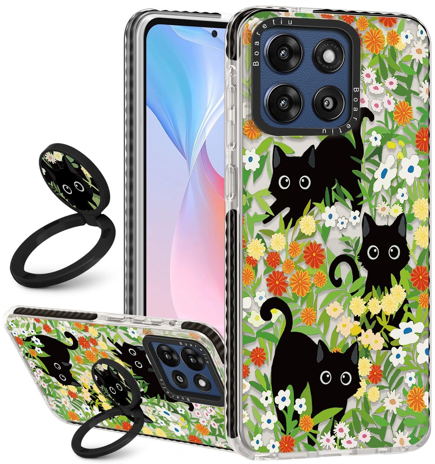 Boaretiu for Motorola Moto G Stylus 2025 Case - with Stand Cute Kawaii Fashion 360 Rotate Ring Holder Kickstand Cat Flower for W