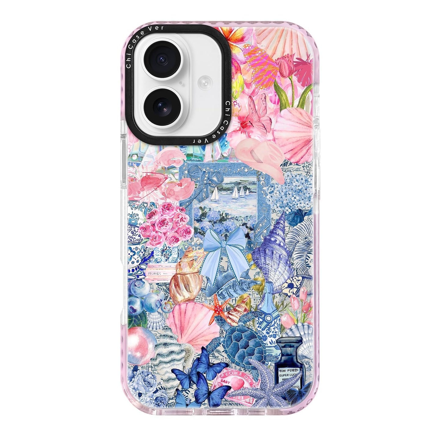 ChiCaseVer for iPhone 17 Case,Vintage Coastal Collage with Floral,Turtle,Shells&Sailboat Pattern,Military-Grade Drop Protection,