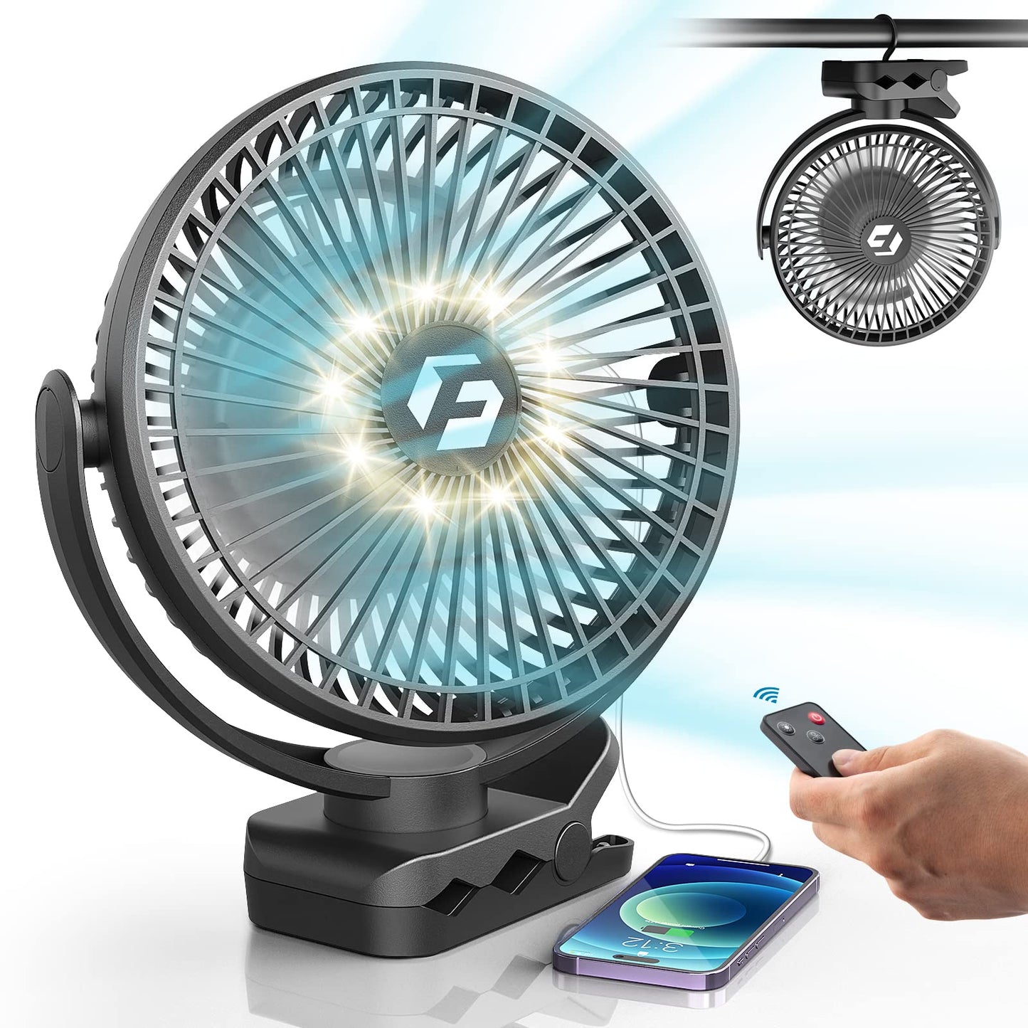 Korbot 8-inch Clip-on Fan - 12000mAh Portable Rechargeable Battery With 3 Speeds and Strong Airflow, USB Small Desk Personal Qui