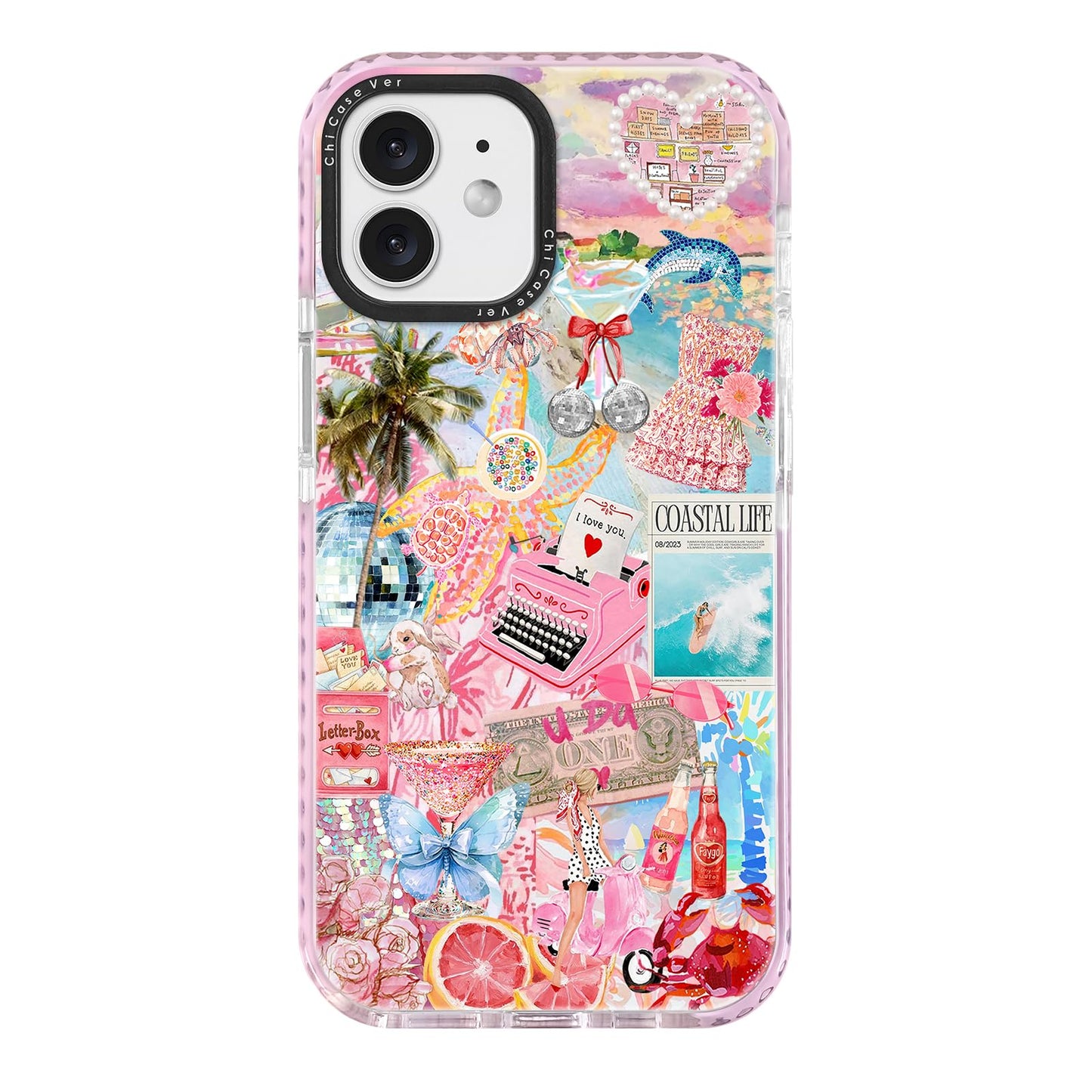 ChiCaseVer for iPhone 11 Case, Coastal Life Pattern with Tropical Collage, Military-Grade Drop Protection, Pink Paradise Soft Sl