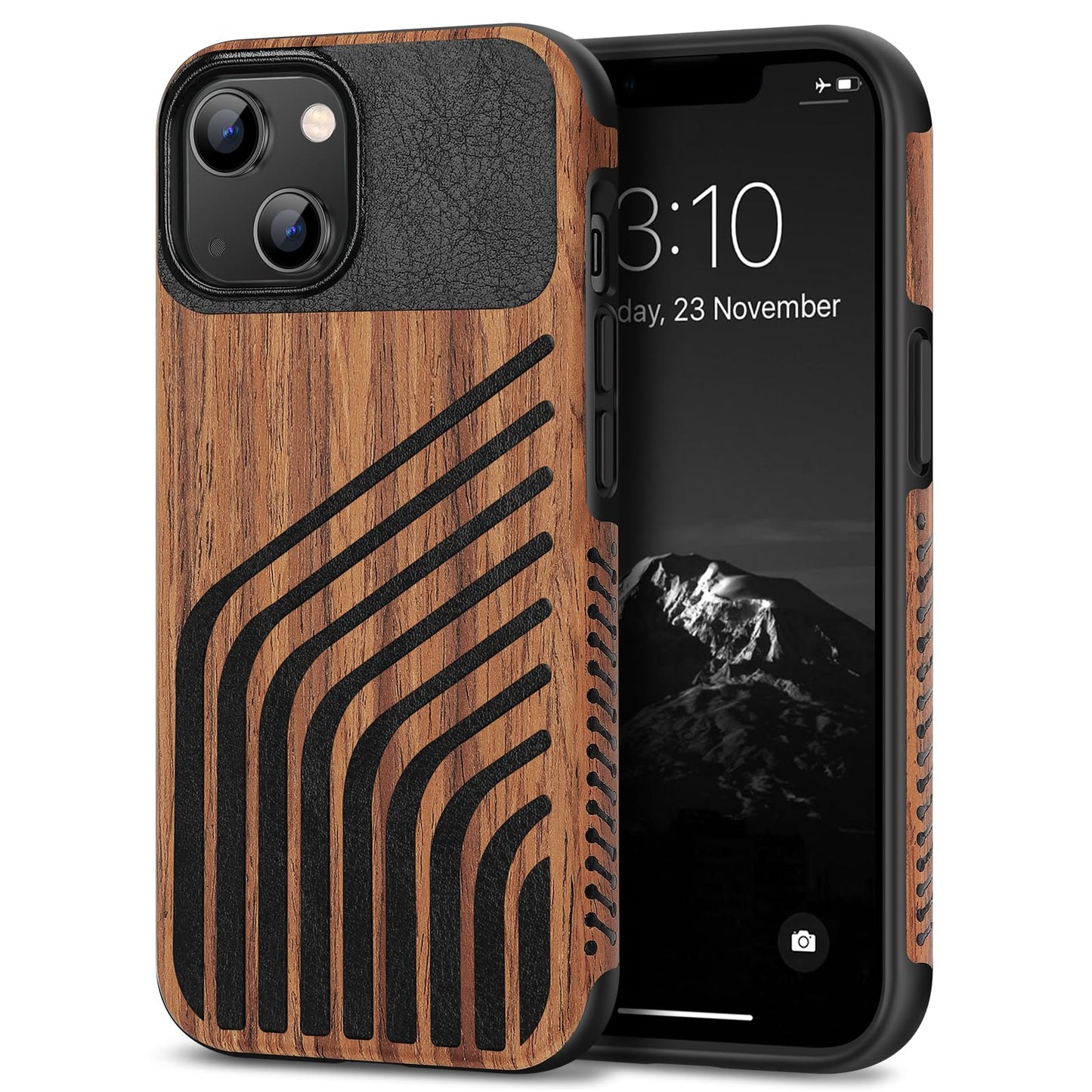 TENDLIN Compatible with iPhone 14 Case Wood Grain with Carbon Fiber Texture Design Leather Hybrid Slim Case (Hairline)