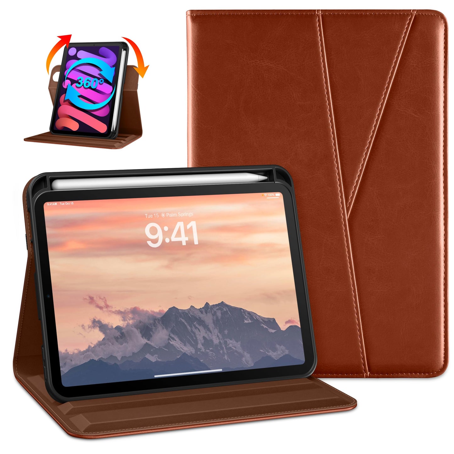 DTTO Rotating Case for iPad mini 7(A17 Pro) 2024 / iPad mini 6 2021, 360 Degree Swiveling Premium Leather Folio Stand Cover with