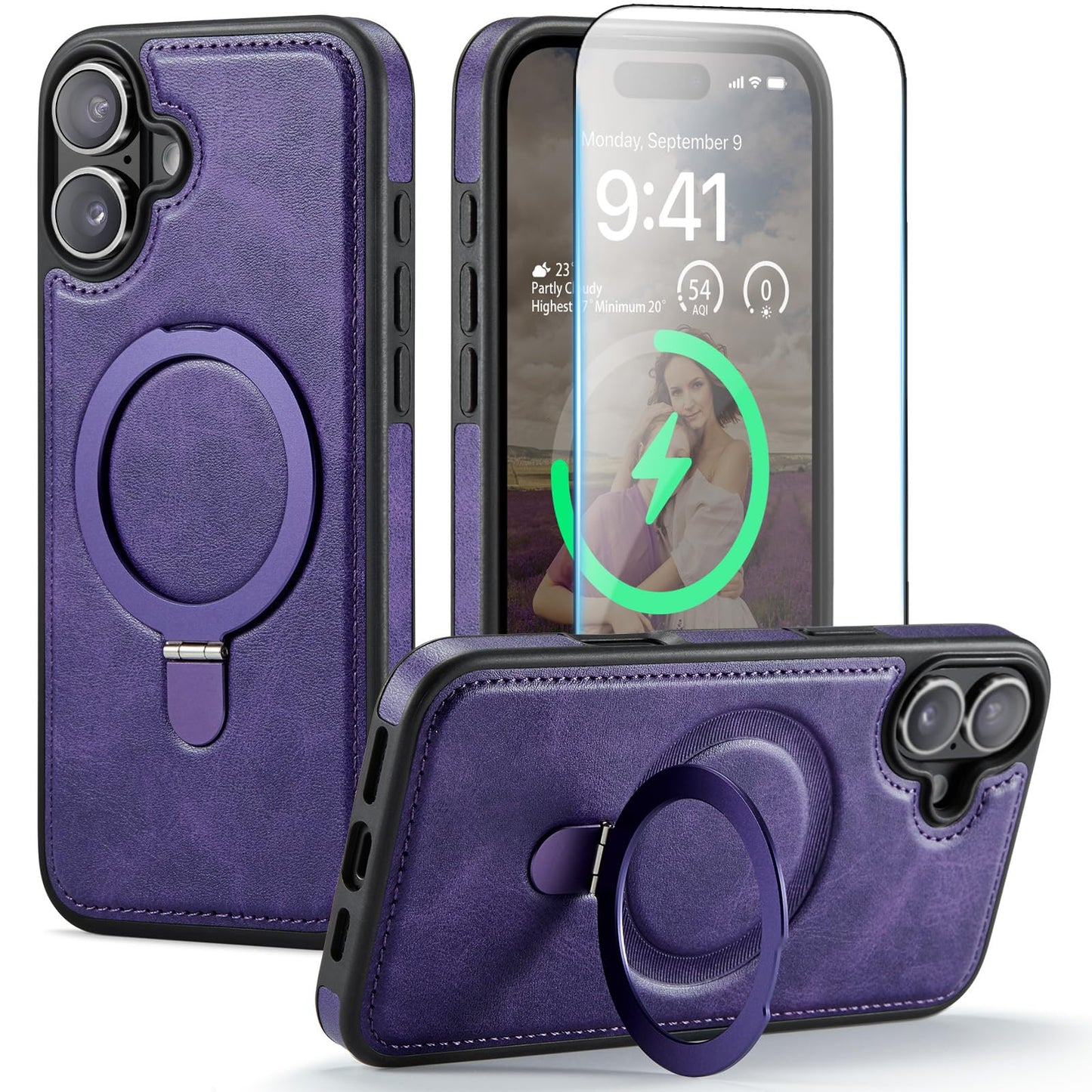 CHEEWADA for iPhone 16 Plus Case with Stand Compatible with Magsafe Slim PU Leather & Rubber TPU Drop Proof Magnetic Kickstand P