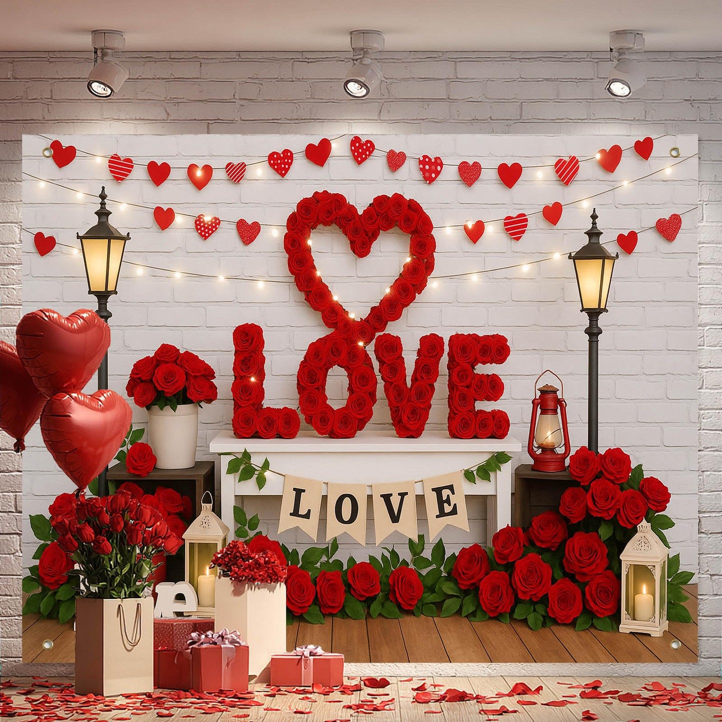 BlissYard Valentine Day Photo Backdrop Love Banner 8x6FT Red Rose Heart Photography Background for Wedding Anniversary Engagemen