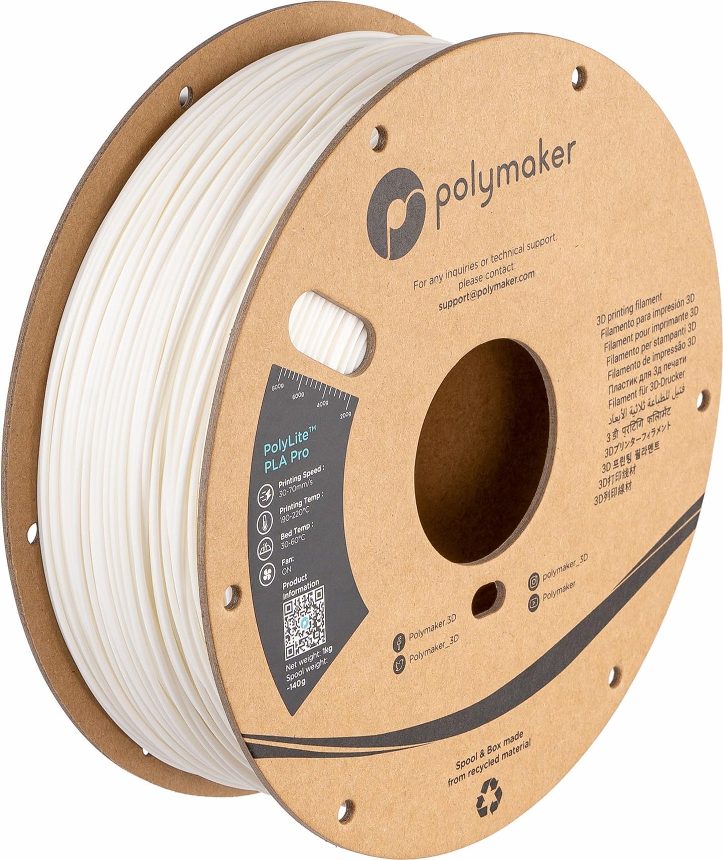 Polymaker PLA PRO Filament 1.75mm 1kg, Tough & High Rigidity White 3D Printing Filament, PolyLite PLA PRO 3D Printer Filament 1.