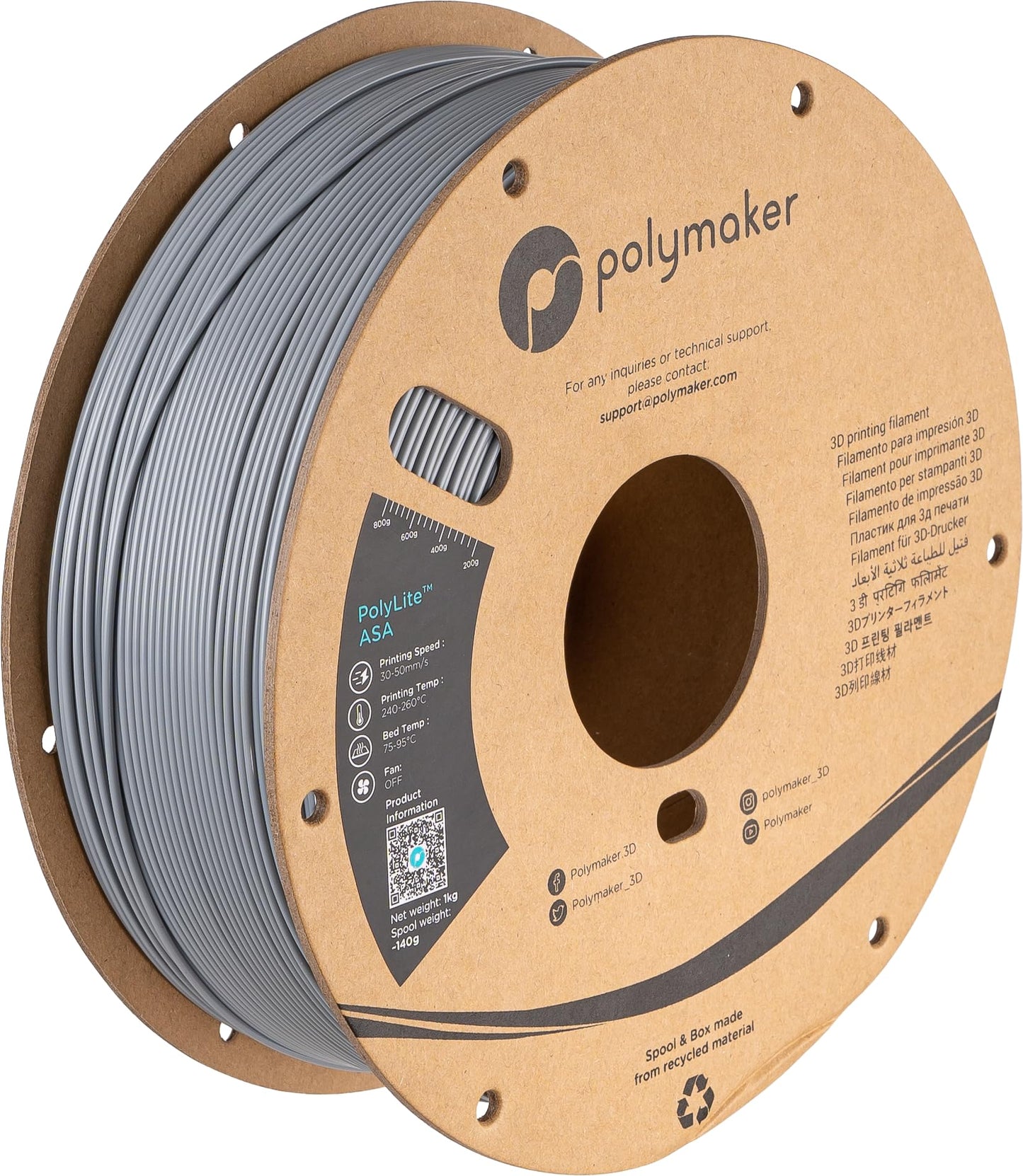 Polymaker ASA Filament 1.75mm Grey, 1kg ASA 3D Printing Filament, Heat & Weather Resistant - ASA 3D Printer Filament Perfect for