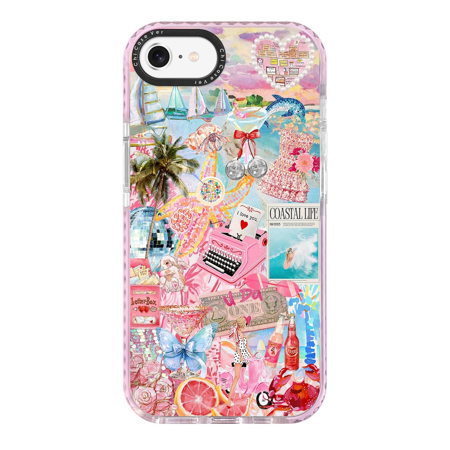 ChiCaseVer for iPhone 7/8/SE Case, Coastal Life Pattern with Tropical Collage, Military-Grade Drop Protection, Pink Paradise Sof