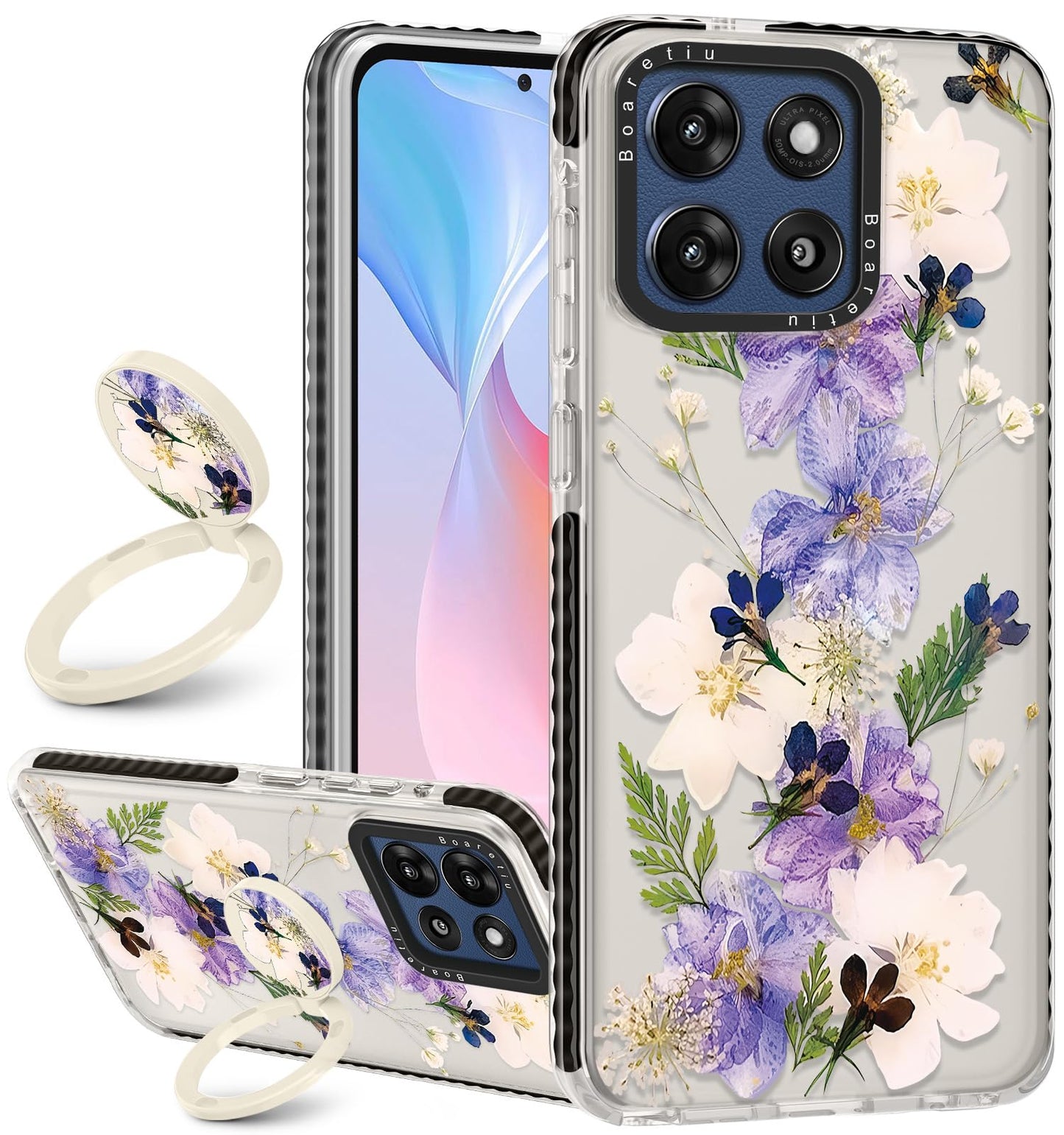 Boaretiu for Motorola Moto G Stylus 2025 Case - with Stand Cute Kawaii Fashion 360 Rotate Ring Holder Kickstand Retro Flower for