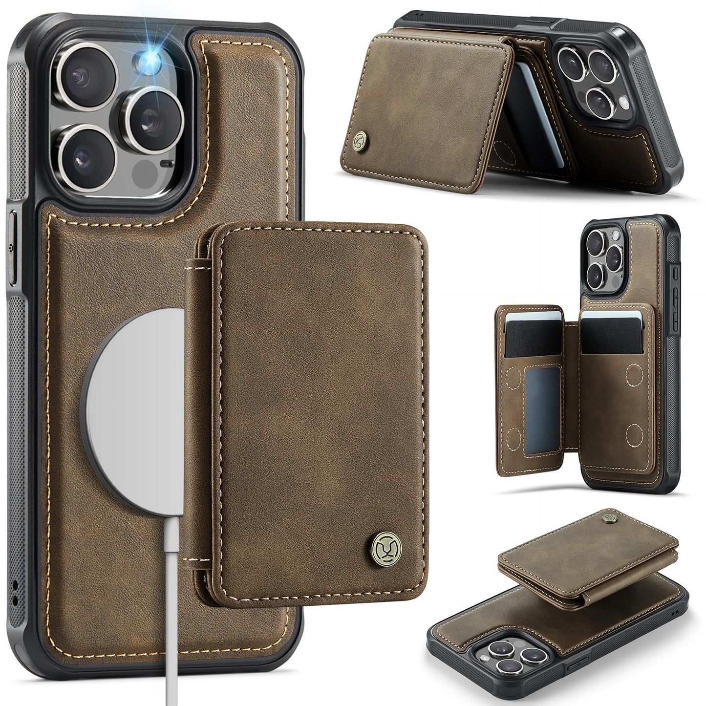 Usroom Compatible with Magsafe for iPhone 15 Pro Wallet Case Magnetic Card Holder, RFID Blocking 2 in 1 Detachable Kickstand Sho