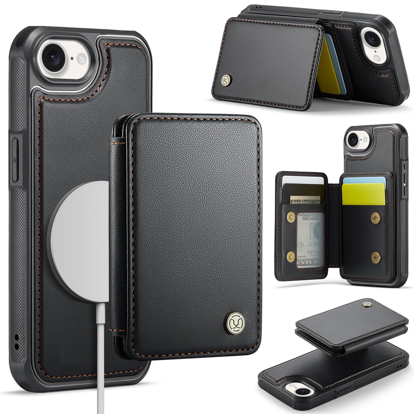 Usroom Compatible with Magsafe for iPhone 16E Wallet Case Magnetic Card Holder, RFID Blocking 2 in 1 Detachable Kickstand Shockp