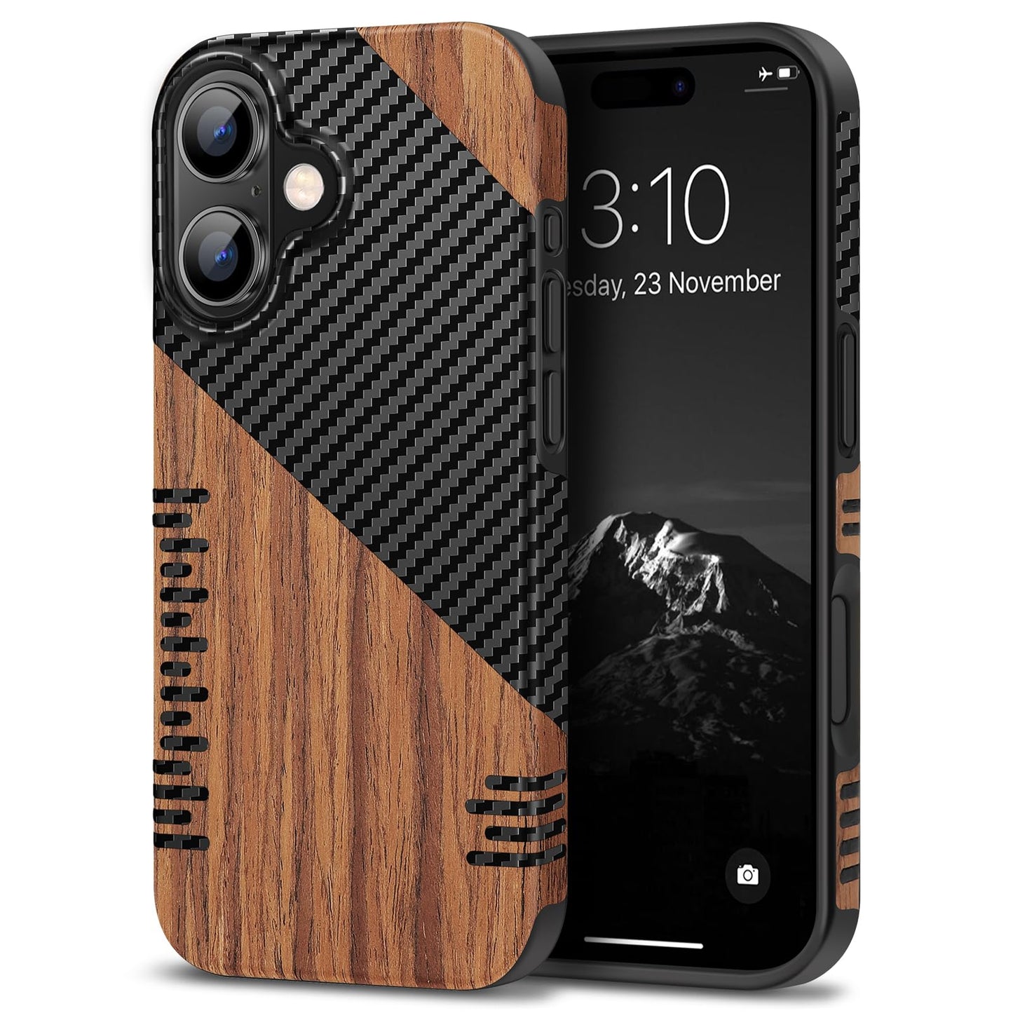 TENDLIN Compatible with iPhone 16 Phone Case Wood Grain with Carbon Fiber Texture Design Leather Hybrid Slim Case (Twill)
