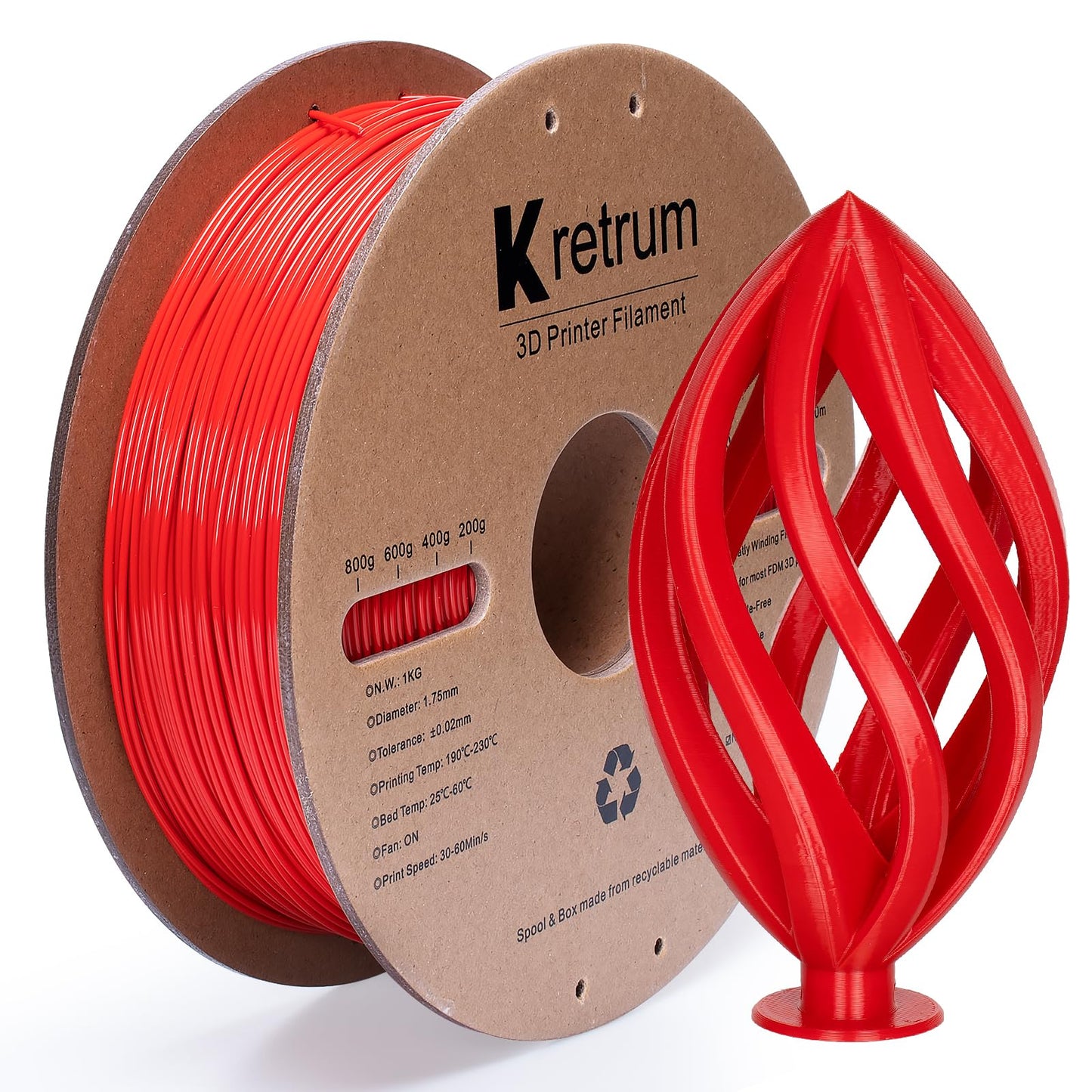 Kretrum PLA Filament 1.75 mm 3D Printer Filament Dimensional Accuracy +/- 0.02 mm 1 KG 2.2 lbs Cardboard Spool 3D Printing Filam