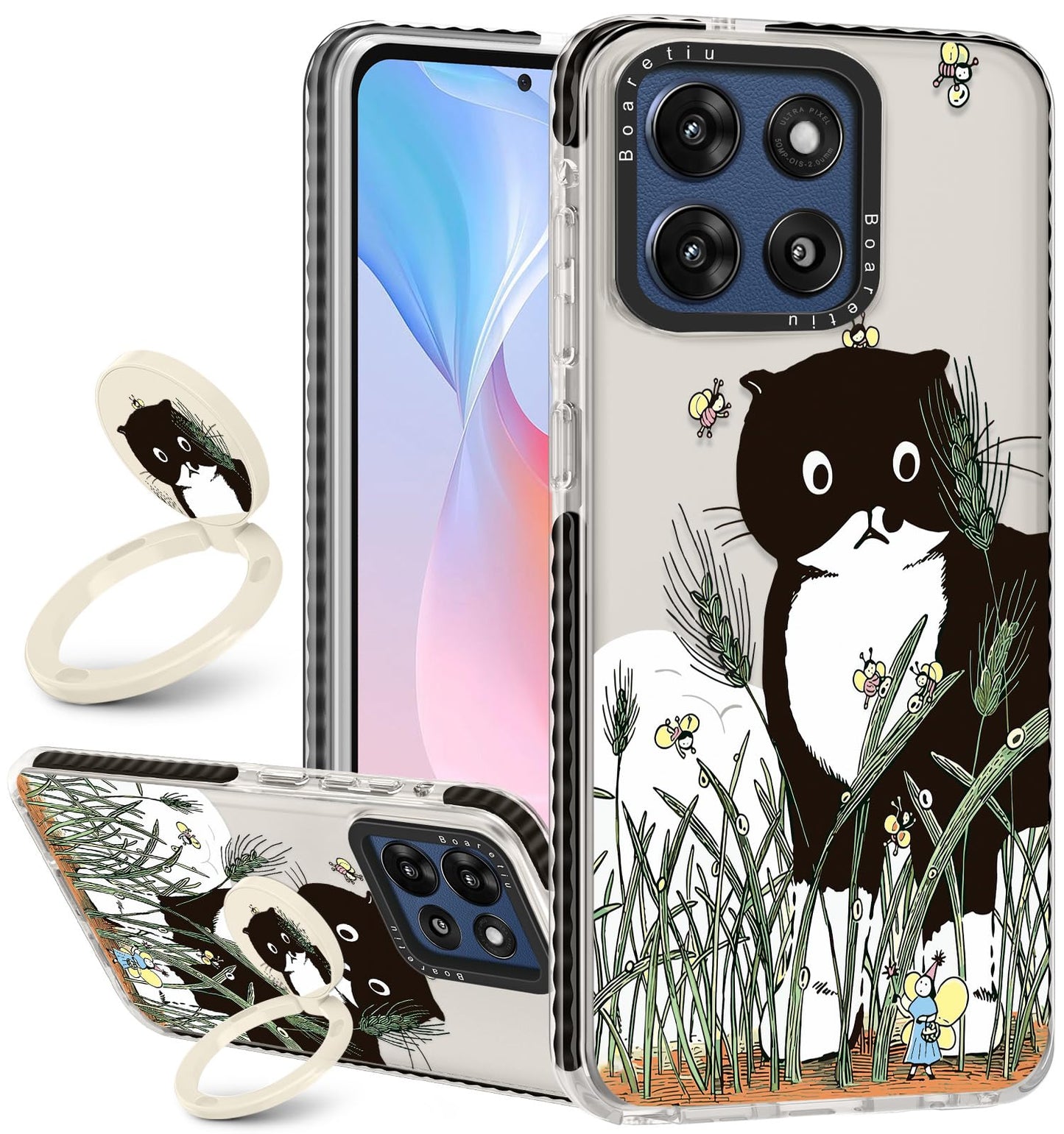 Boaretiu for Motorola Moto G Stylus 2025 Case - with Stand Cute Kawaii Fashion 360 Rotate Ring Holder Kickstand Black Cat Bee fo