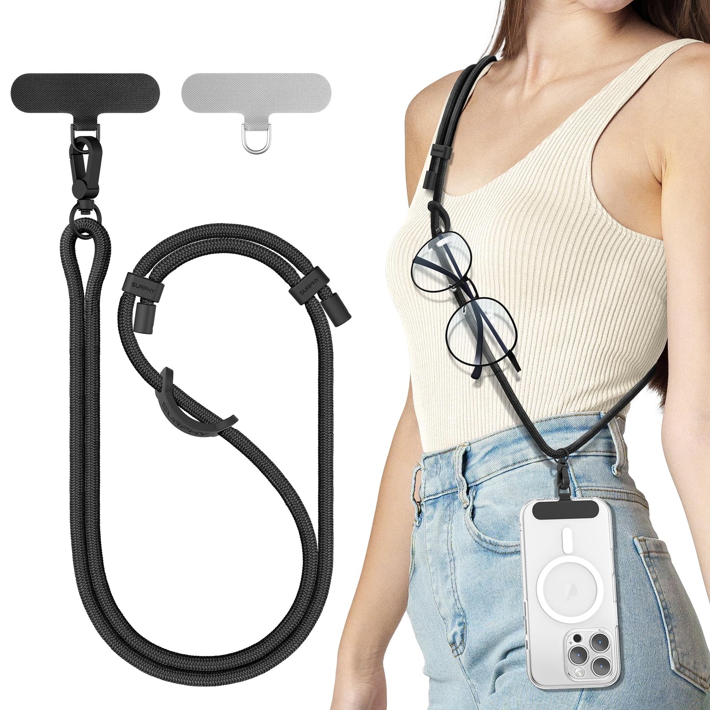 SURPHY Phone Lanyard, Adjustable Phone Strap Crossbody with 2 Pack Cell Phone Tether Tab, Premium Metal Buckles, Skin-Friendly,