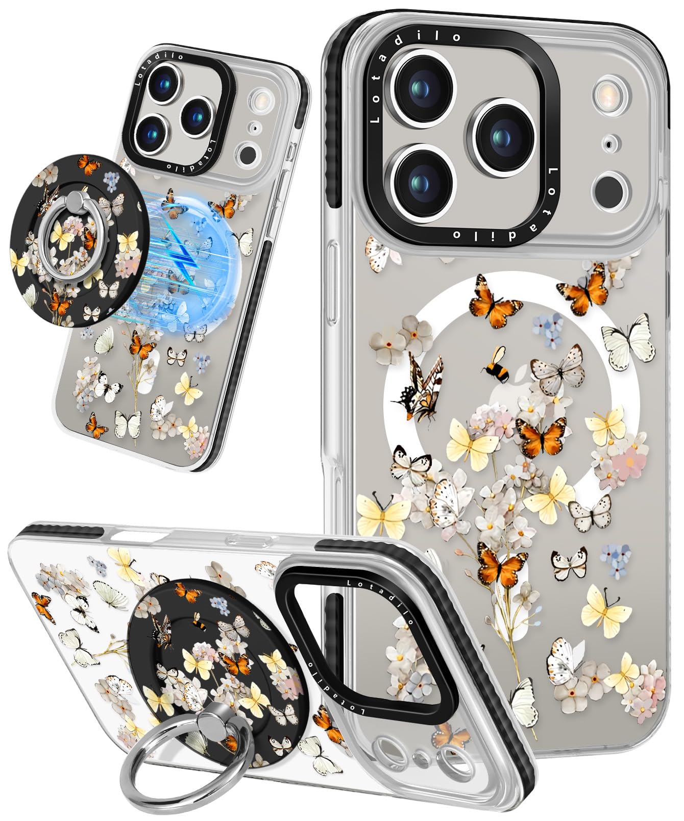 Lotadilo Case for iPhone 17 Pro Max Case Compatible with Magsafe Ring Holder Stand - for Women Butterfly Flower Design TPU Phone