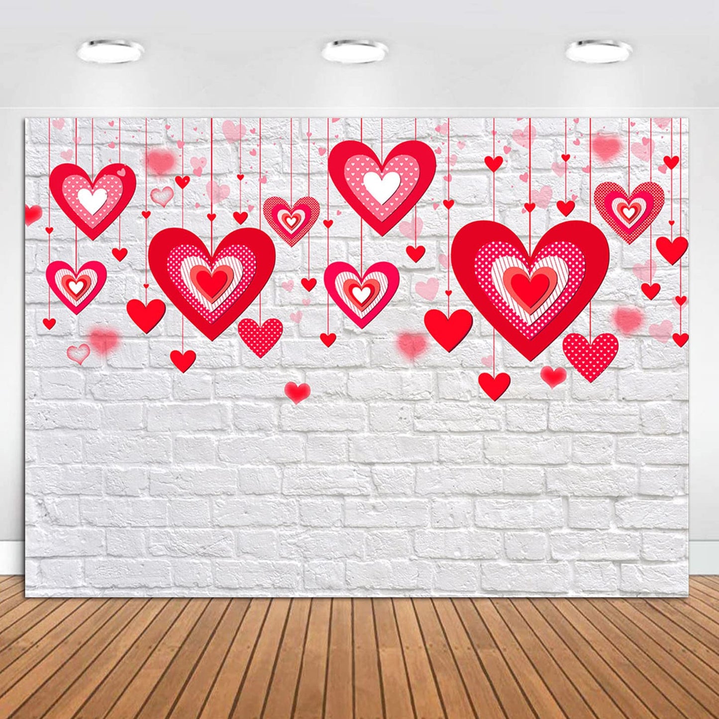 Fanghui Bokeh Red Heart Valentines Day Photo Background 7x5ft Rustic White Brick Wall Party Decorations Photography Backdrop Br