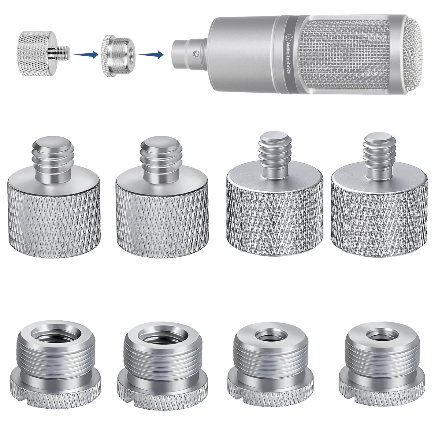 IXTECH Mic Stand Adapter Set 8 pc - Metal Tripod Adapters Female-Male 5/8-3/8, 3/8-5/8, 5/8-1/4, 1/4-5/8 ADP02 Silver