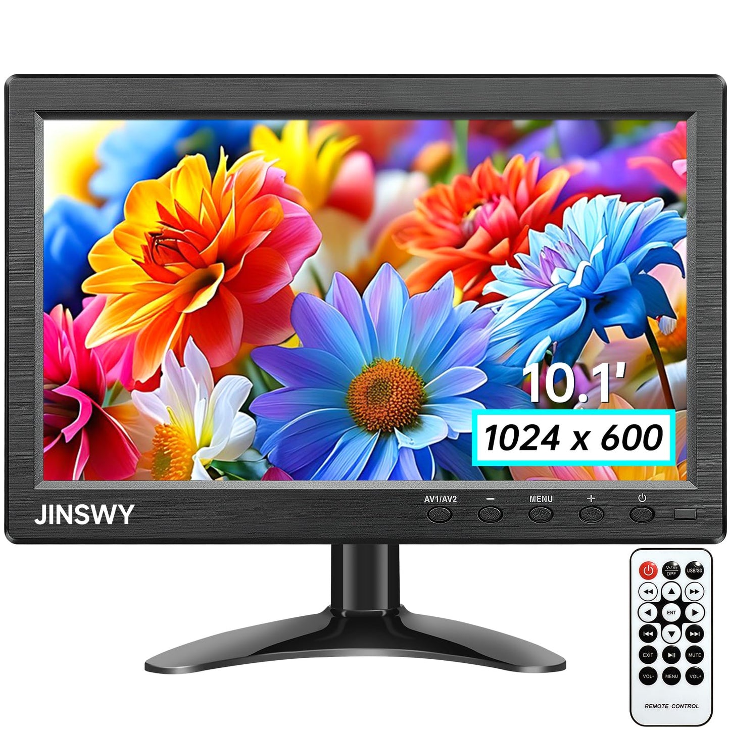 JINSWY 10.1 Security Monitor, 1024x600 HD Display, HDMI VGA BNC AV USB Ports, Small Monitor with Built-in Speakers & Remote Cont