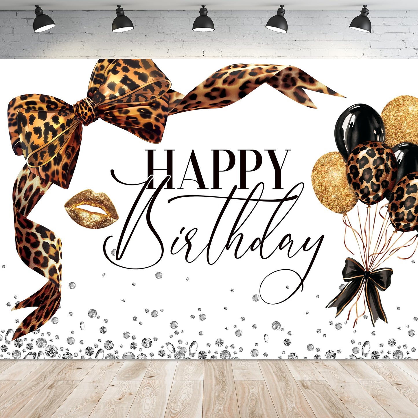 Newsely Leopard Print Bow Happy Birthday Backdrop 7Wx5H Photography Coquette Brown White Gold Bowknot Balloons Diamond Bownot Ba