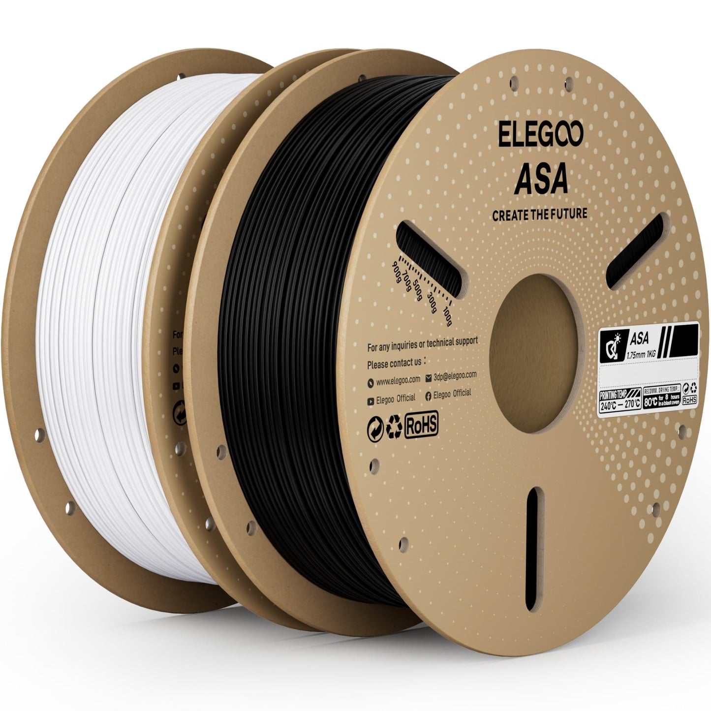 ELEGOO ASA Filament 1.75mm Deep Black & White 2KG, UV & Weather Resistant 3D Printer Filament for Outdoor Functional Parts, High