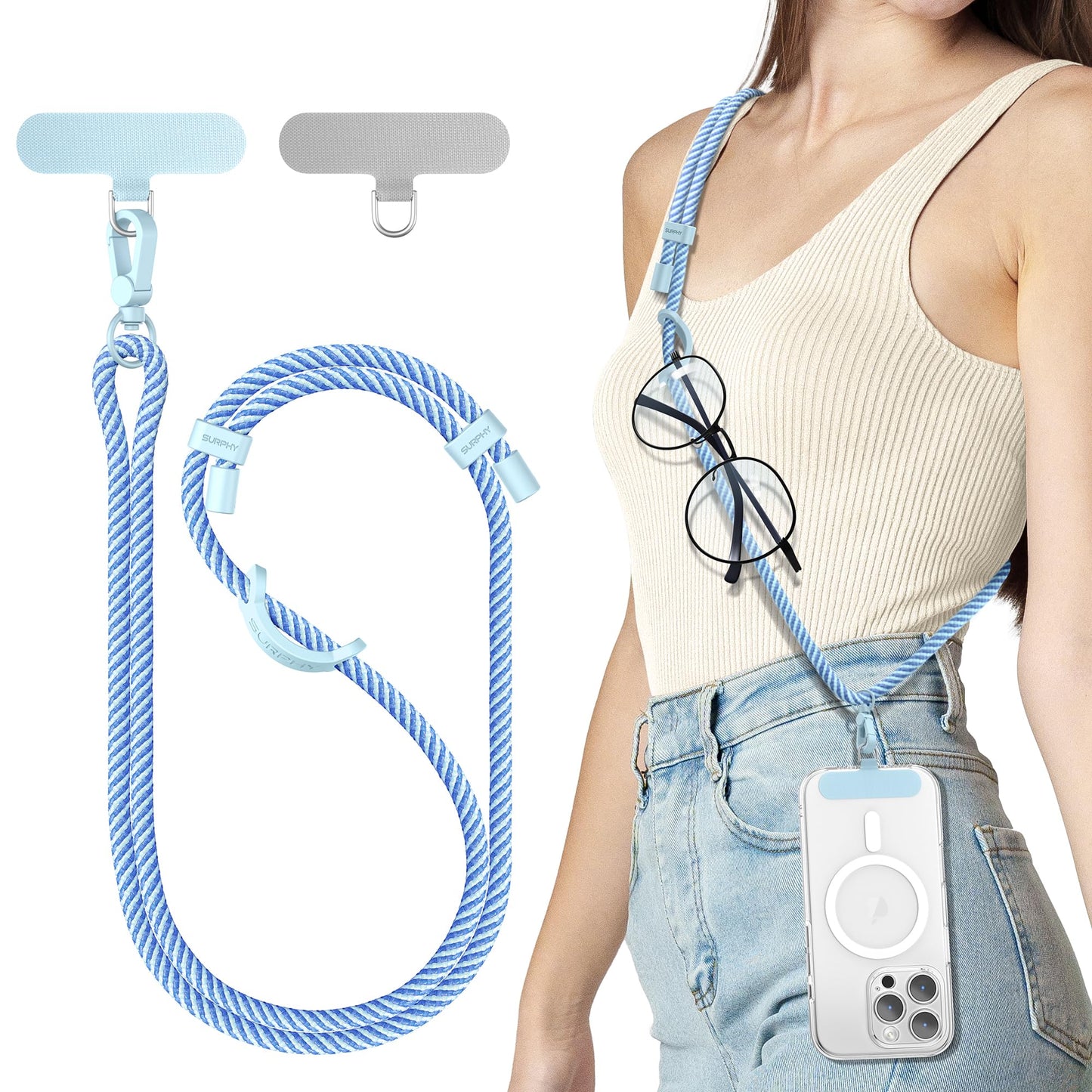 SURPHY Phone Lanyard, Adjustable Phone Strap Crossbody with 2 Pack Phone Tether Tab, Premium Metal Buckles and Two-Color Braided