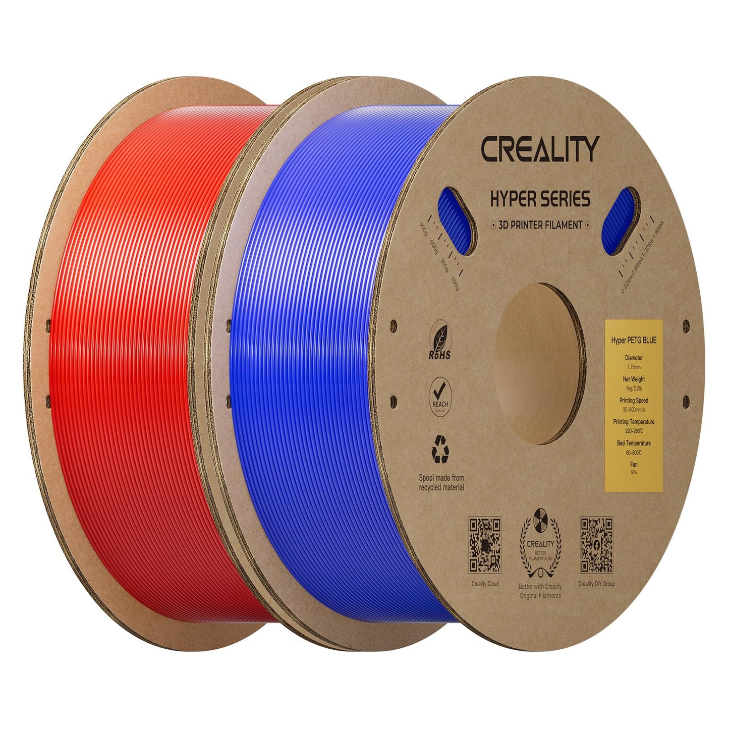Creality Hyper PETG Filament Bundle 1.75mm 2KG, 3D Printer PETG Filament Designed for High Speed 30-600mm/s, High Transparency &