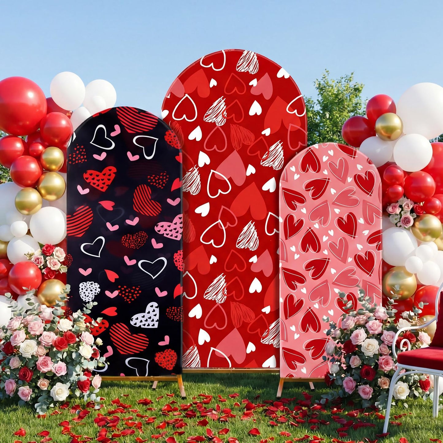 WovWeave Valentines Day Arch Backdrop Cover Set of 3-4Ft 5Ft 6Ft Red Pink Heart Spandex Arch Stand Covers Photo Booth Round Top