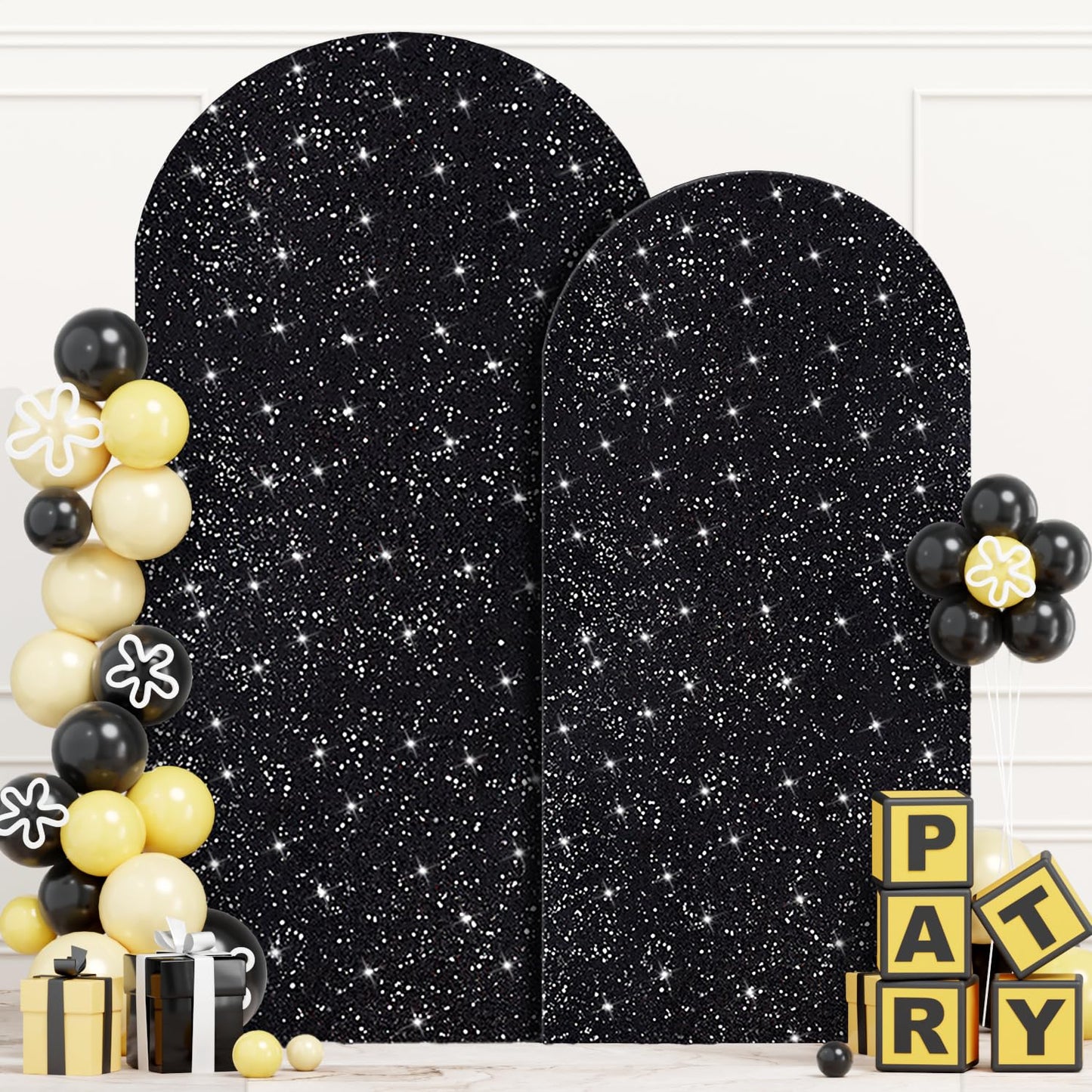 ROMANKAS Set of 2 Wedding Arch Cover Black Arch Backdrop Cover 6ft 7.2ft Glitter Arches Covers Sqeuin Arched Cover Fabric Spande