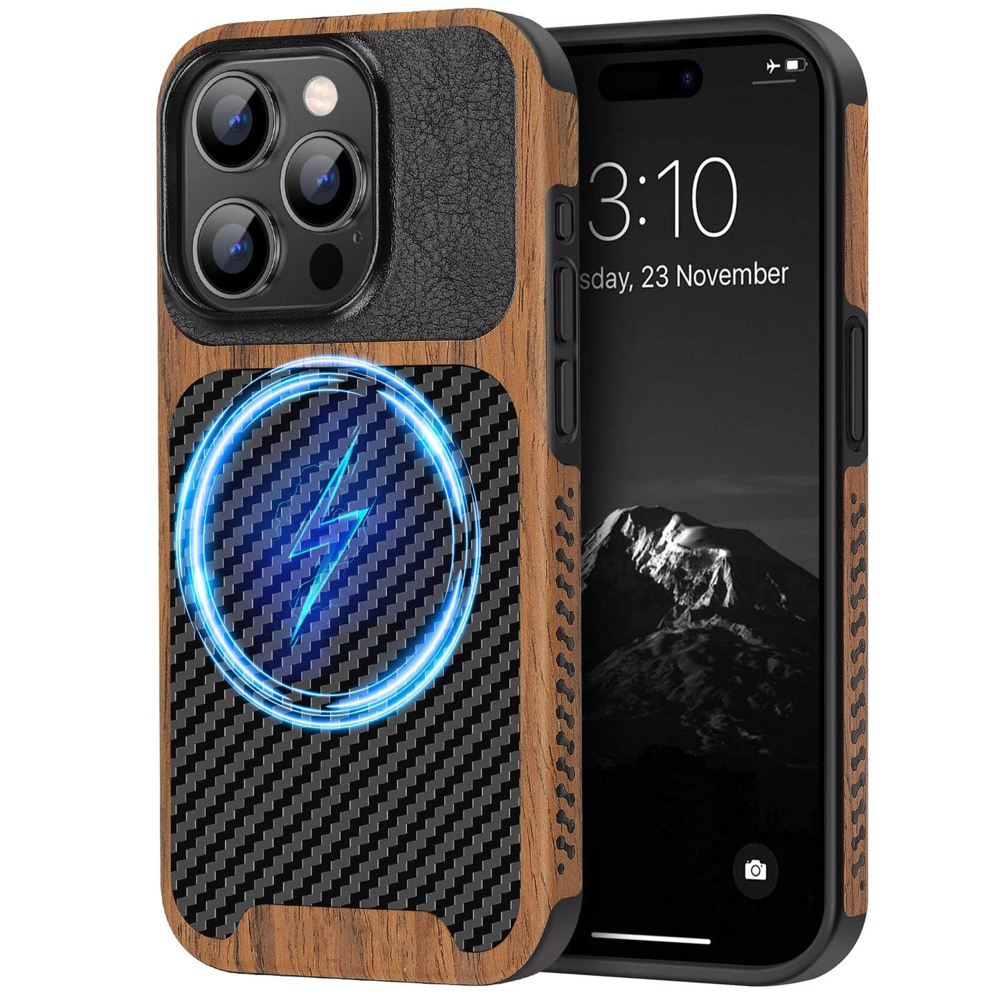TENDLIN Magnetic Case Compatible with iPhone 15 Pro Case Wood Grain with Carbon Fiber Texture Design Leather Hybrid Slim Cover (