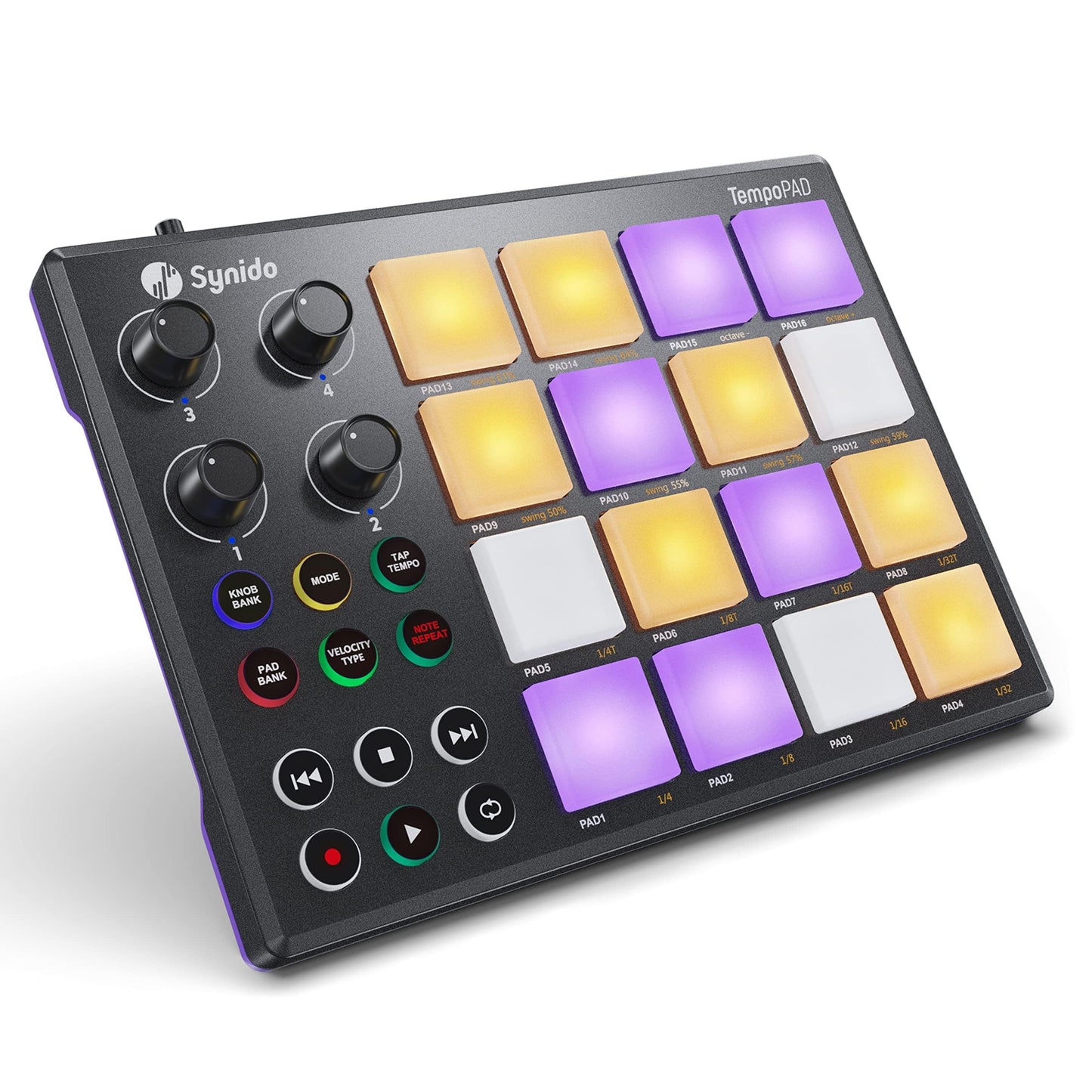 Synido Beat Maker Machine with 16 RGB Backlit Beat Pads, TempoPAD USB Portable MIDI Drum Pad Controller, 4 Assignable Knobs, for