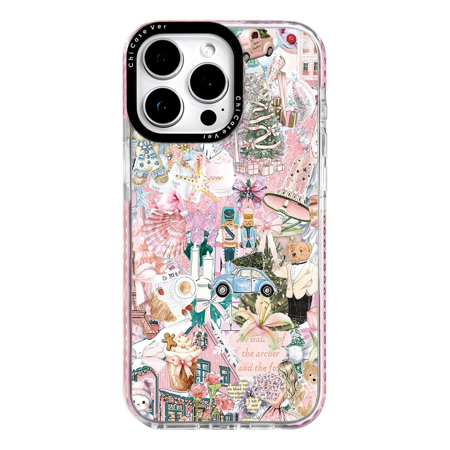 ChiCaseVer for iPhone 15 Pro Max Case,Pink Nutcracker Ballet Collage Pattern with Teddy Bears & Girly Cozy Vibes, Trendy Girly S
