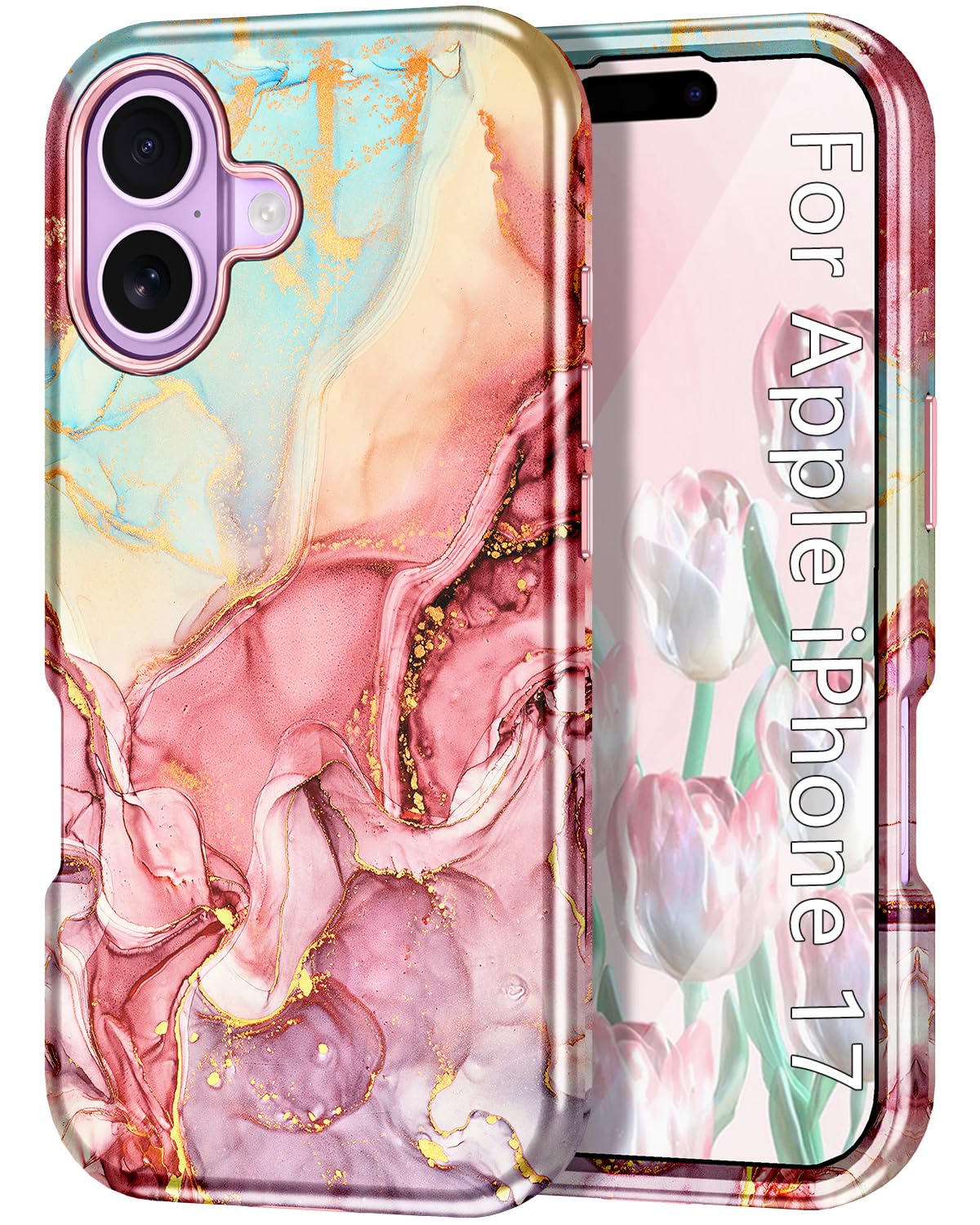 Btscase Compatible with iPhone 17 Case 6.3 Inch 2025,Marble Pattern 3 in 1 Heavy Duty Shockproof Full Body Rugged Hard PC+Soft S