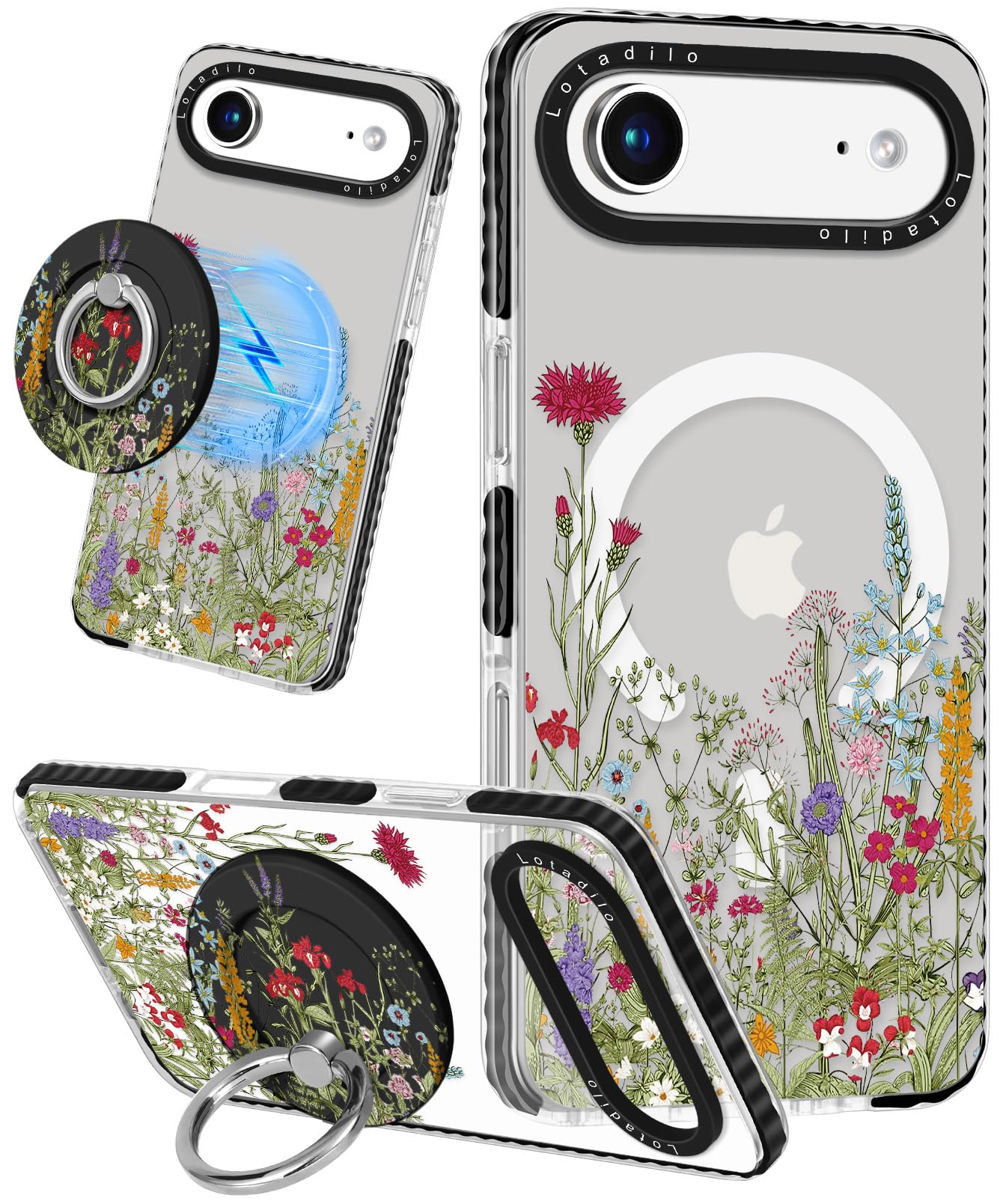 Lotadilo Case for iPhone 17 Air Case Compatible with Magsafe Ring Holder Stand - for Women Wild Floral Design TPU Phone Cover fo
