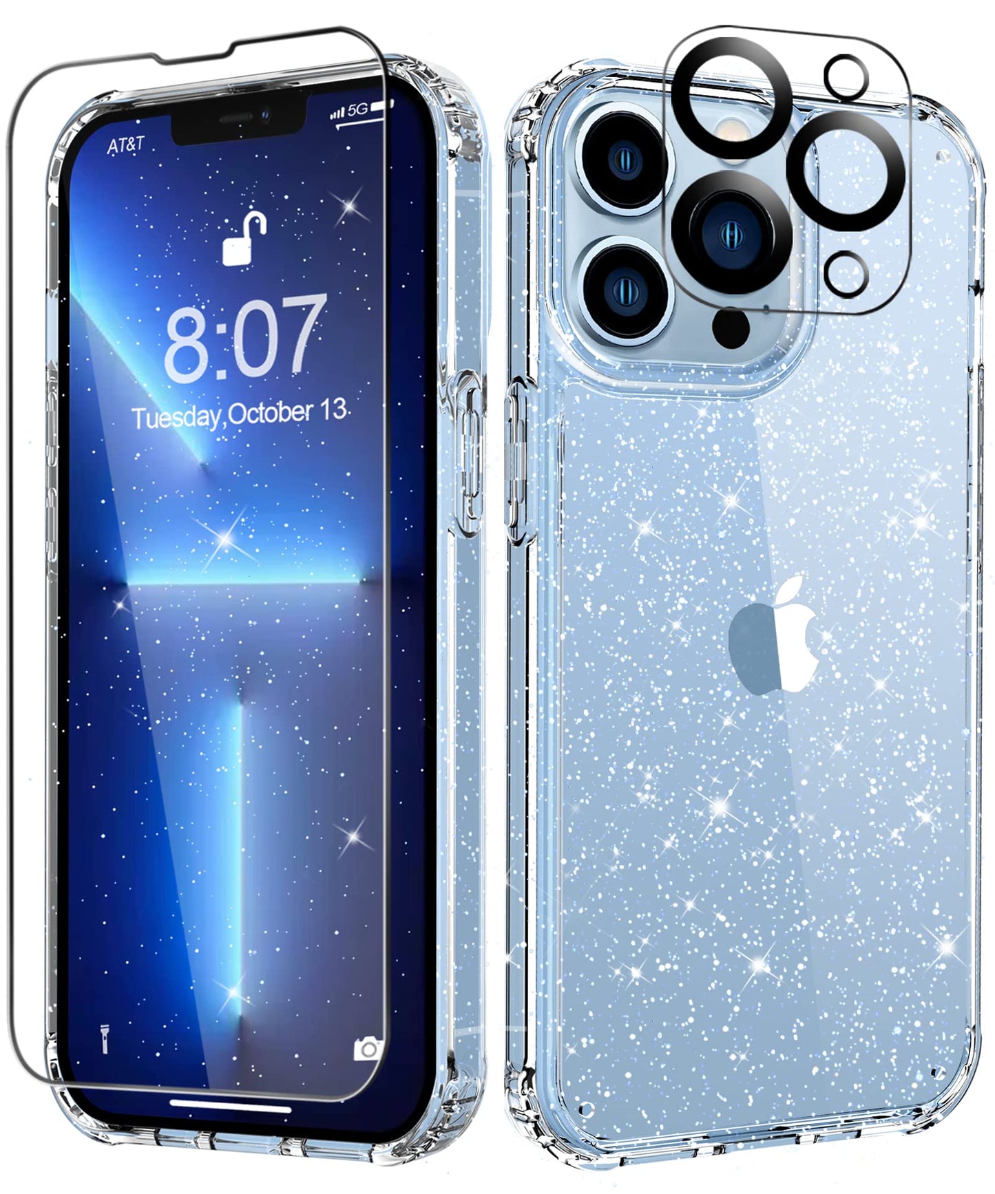MIODIK Compatible with iPhone 13 Pro Case, with Screen Protector + Camera Lens Protector, Clear Glitter Women Girls Protective S