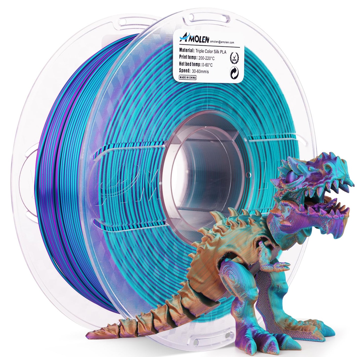 AMOLEN Silk PLA 3D Printer Filament, Tri Color Purple/Blue Green/Burnt Orange PLA 1.75mm, Shiny Multi Color Change Filament 3D P